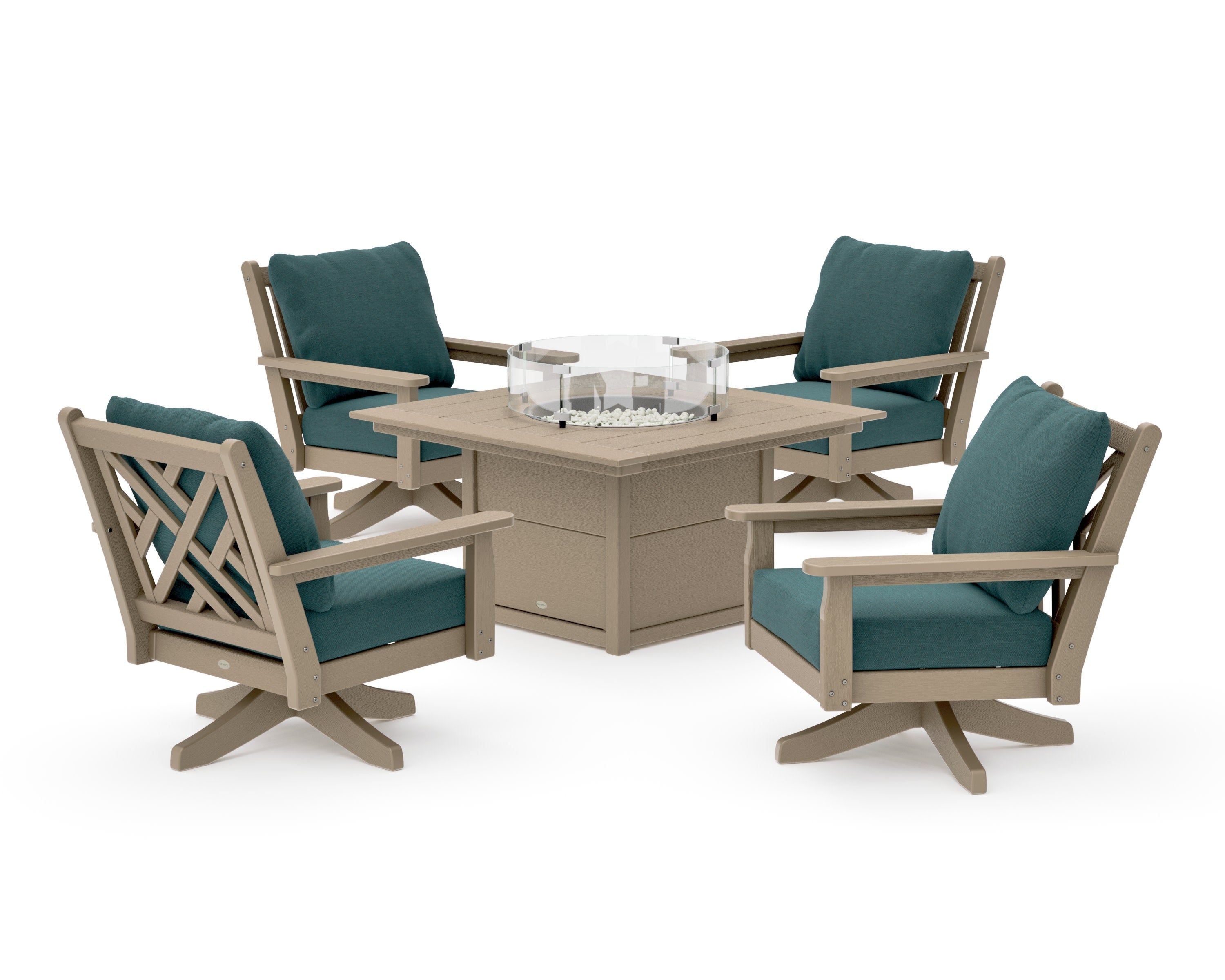 Chippendale 5-Piece Deep Seating Swivel Conversation Set with Fire Pit Table in Vintage Sahara / Ocean Teal