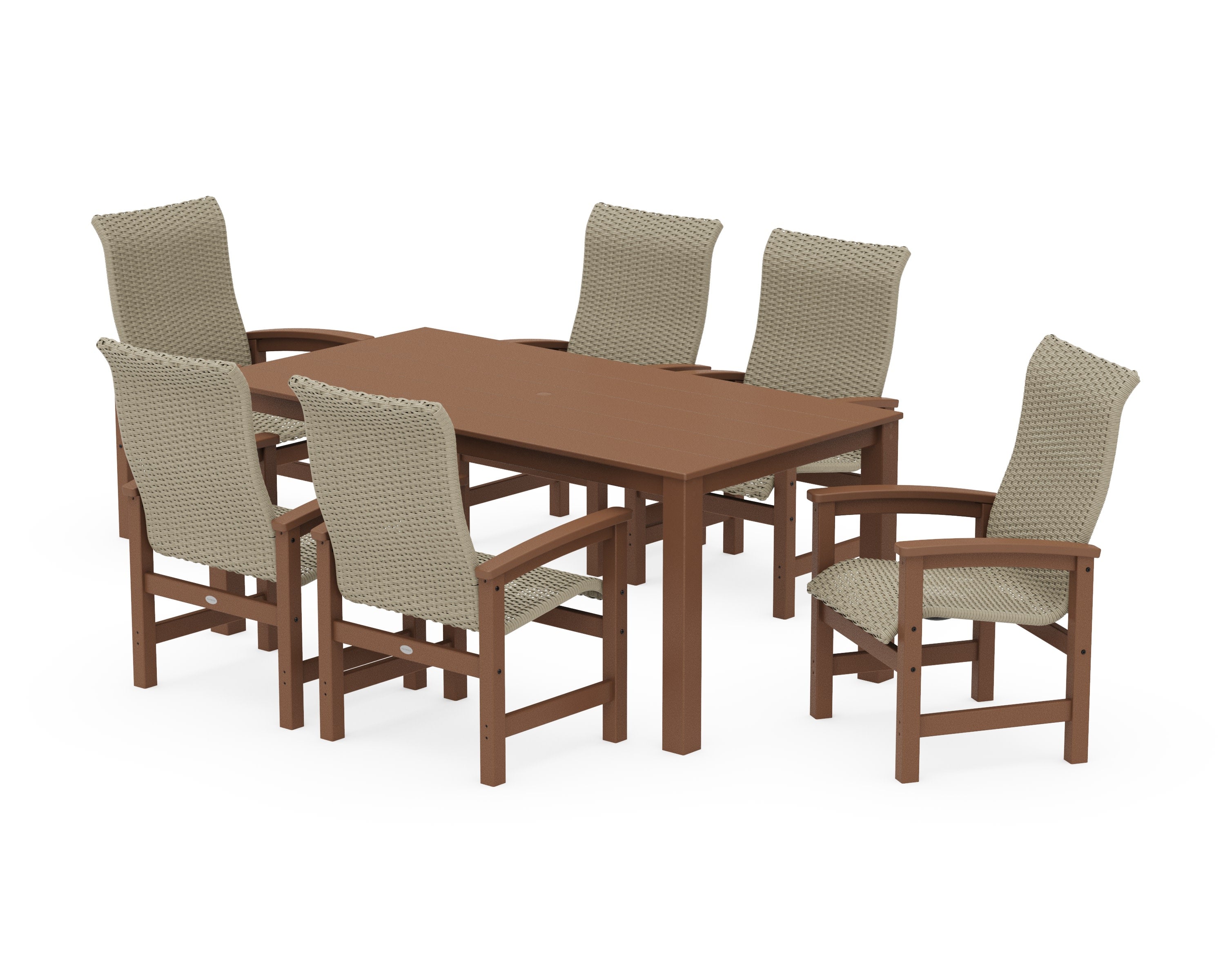 Coastal Woven High-Back Arm Chair 7-Piece Parsons Dining Set in Teak / Dune Grass