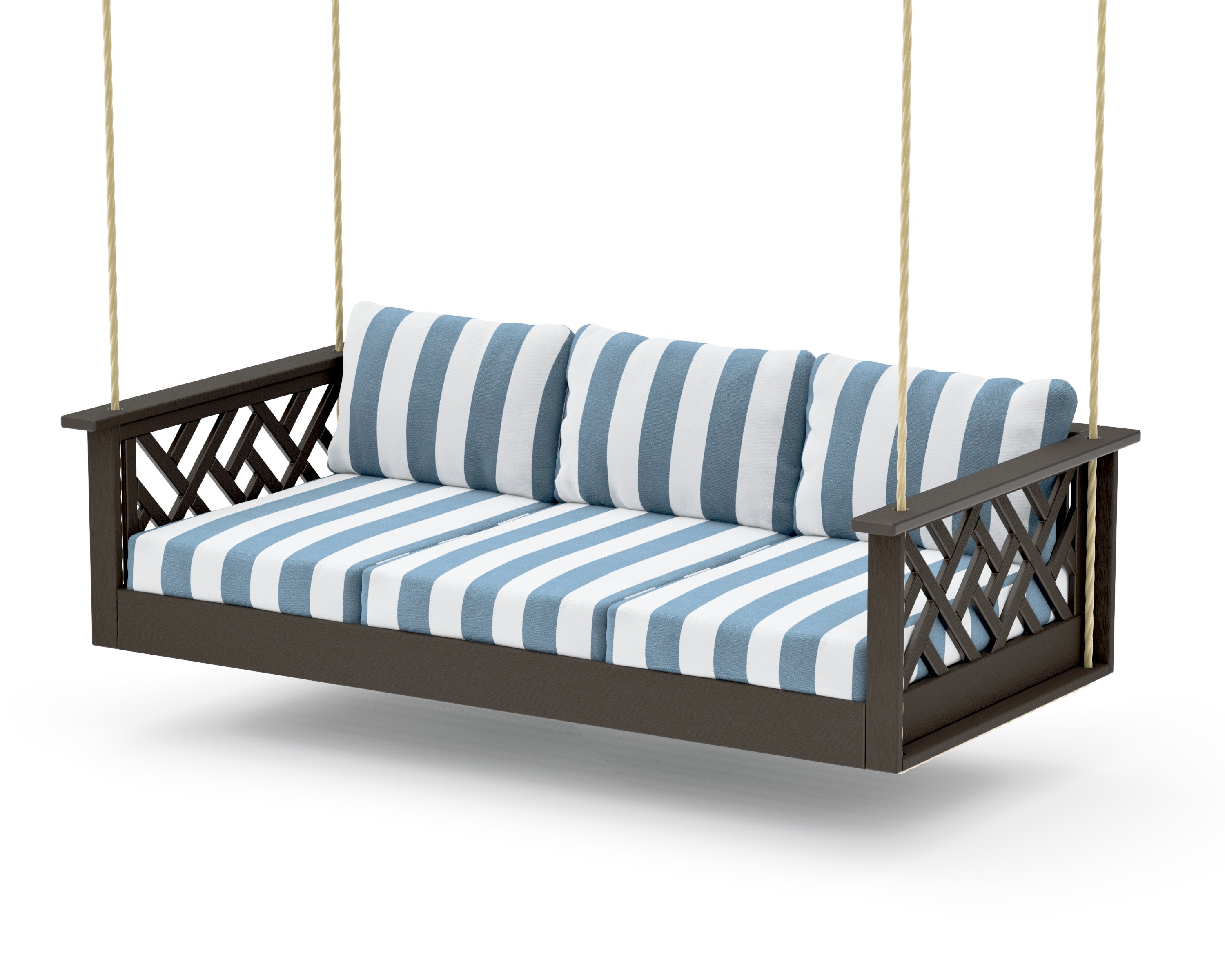 Chippendale Daybed Swing in Vintage Coffee / Cabana Stripe Sky Blue