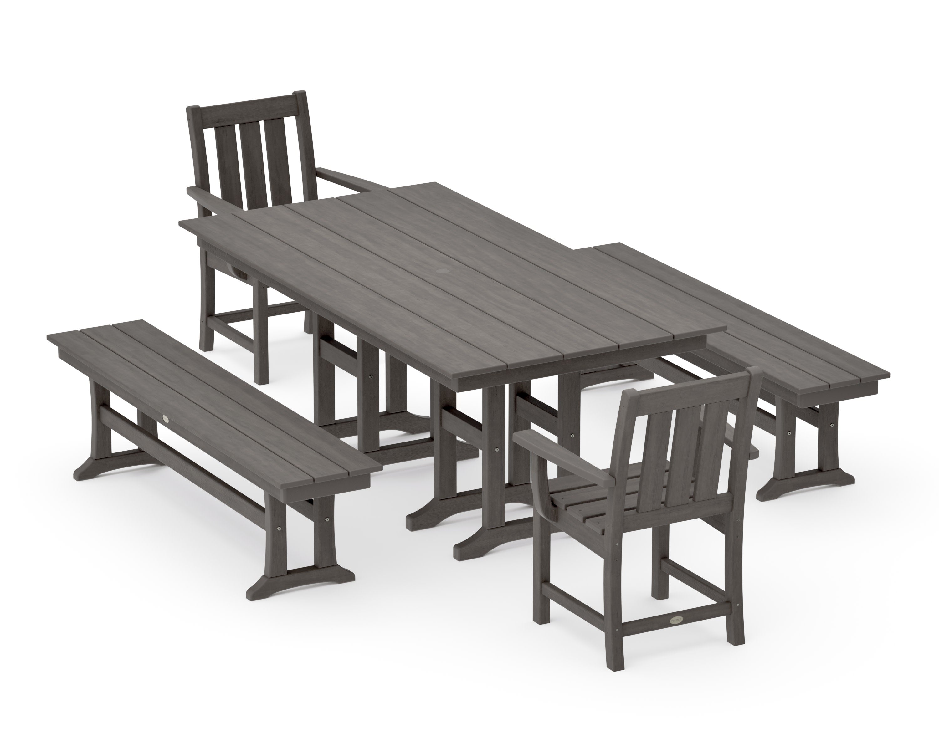 Oxford 5-Piece Farmhouse Dining Set with Benches in Driftwood
