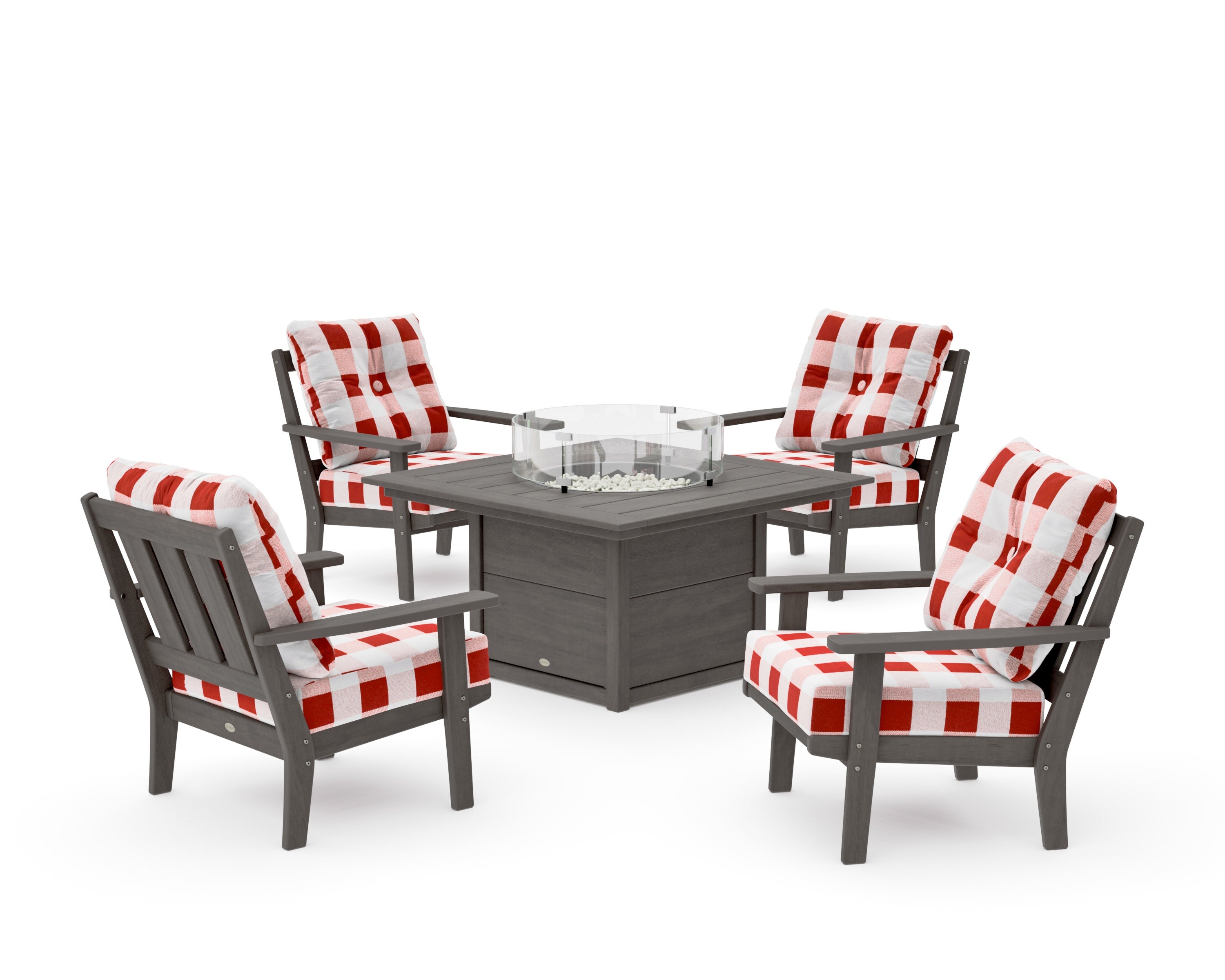 Oxford 5-Piece Deep Seating Set with Fire Pit Table in Driftwood / Buffalo Plaid Crimson