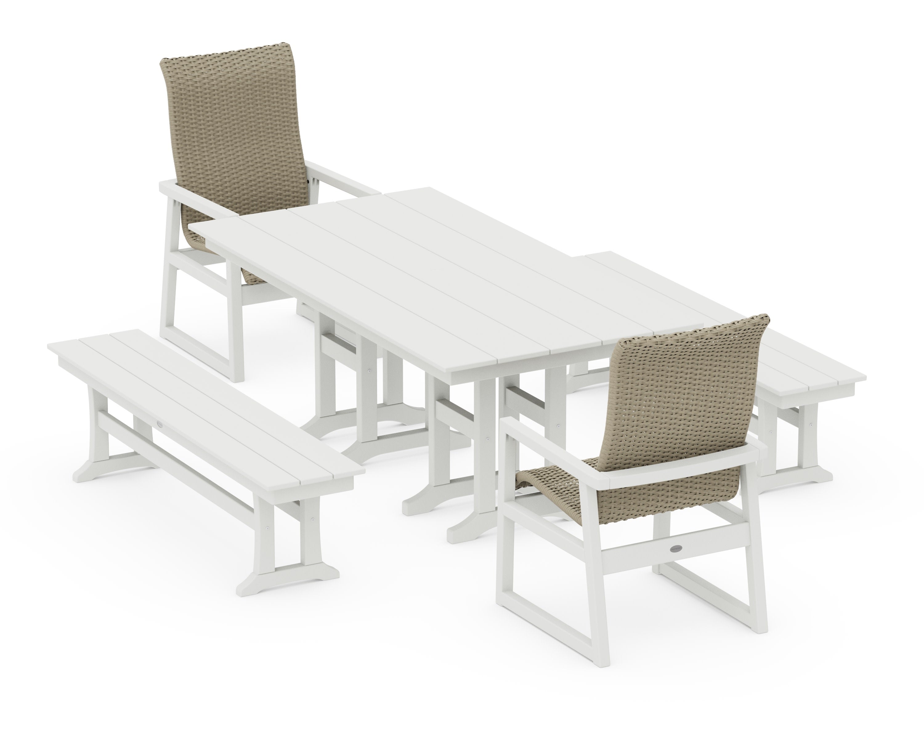 EDGE Woven Highback 5-Piece Farmhouse Dining Set with Benches in White / Dune Grass