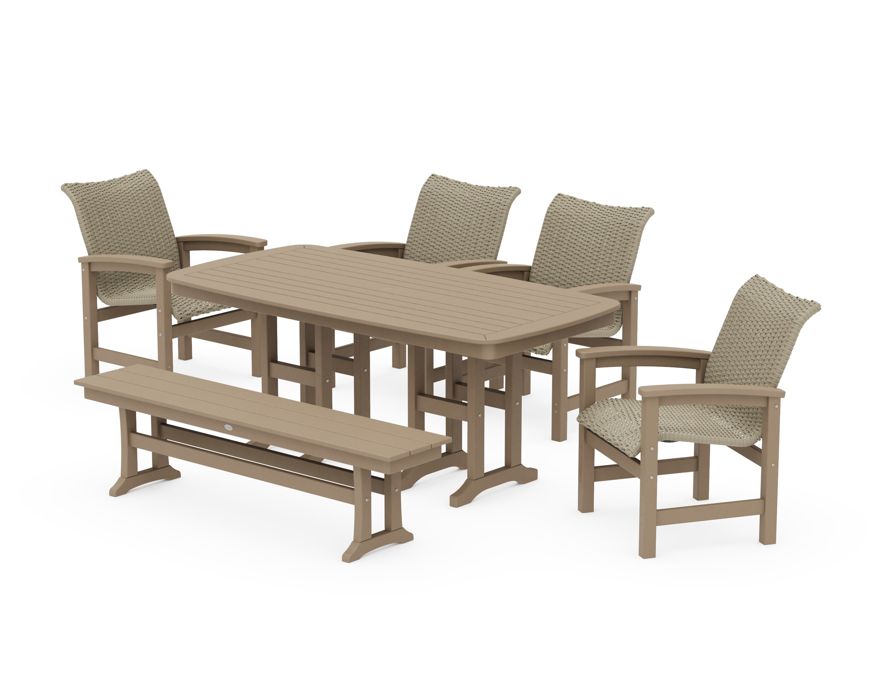 Coastal Woven 6-Piece Farmhouse Dining Set with Bench in Vintage Sahara / Dune Grass