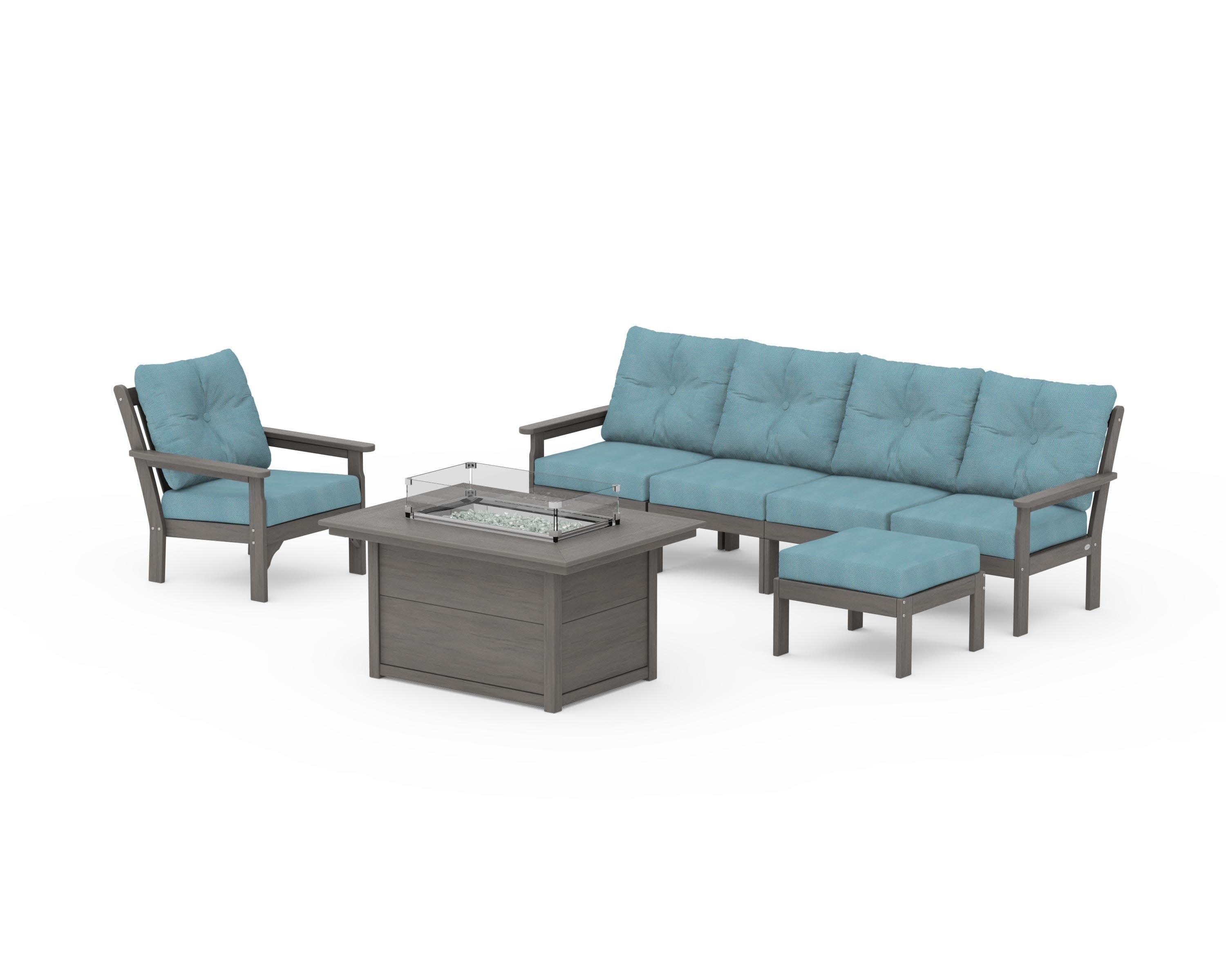 Vineyard Sectional Lounge and Fire Pit Set in Driftwood / Lattice Sky Blue