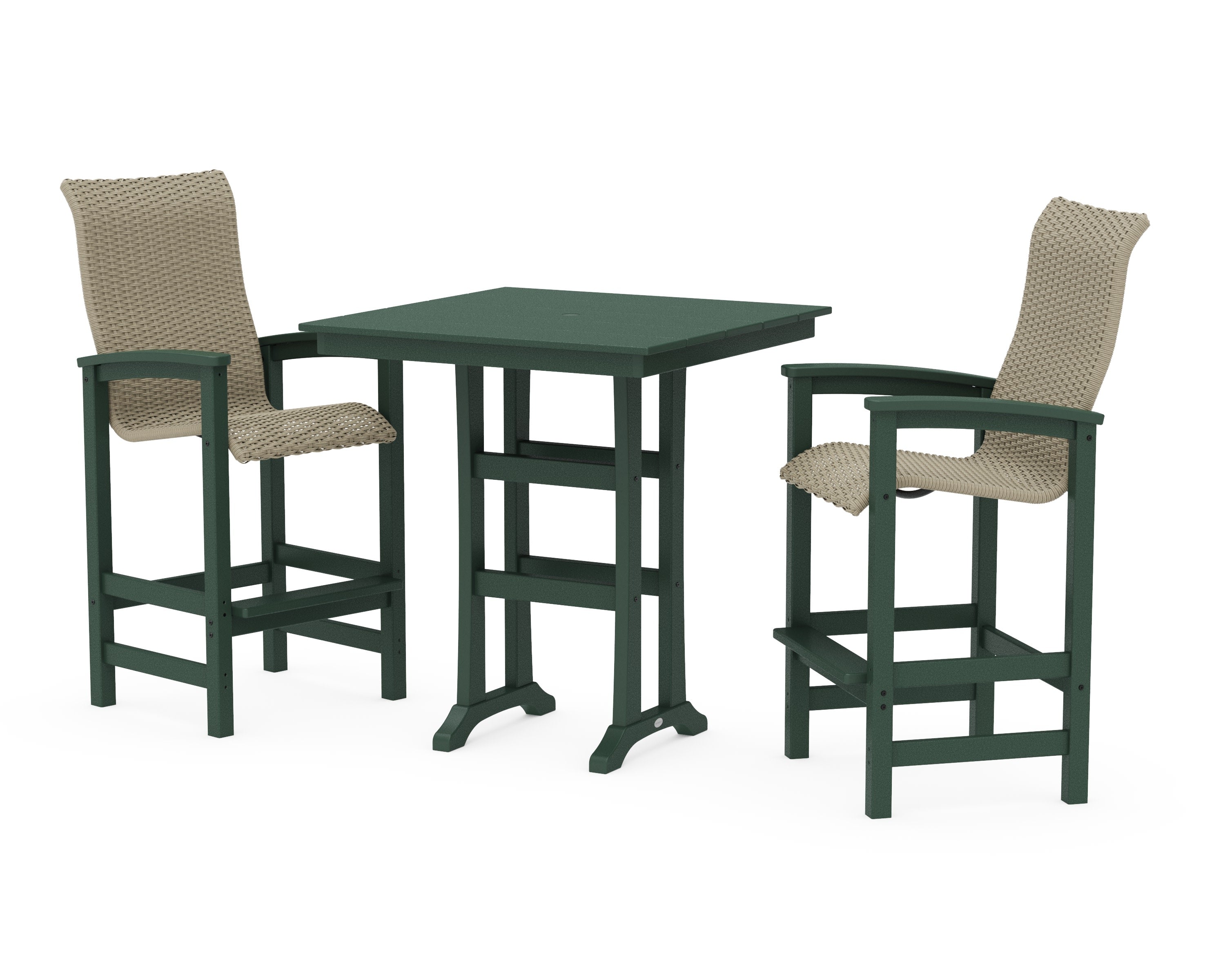 Coastal Woven High-Back 3-Piece Farmhouse Bar Set with Trestle Legs in Green / Dune Grass
