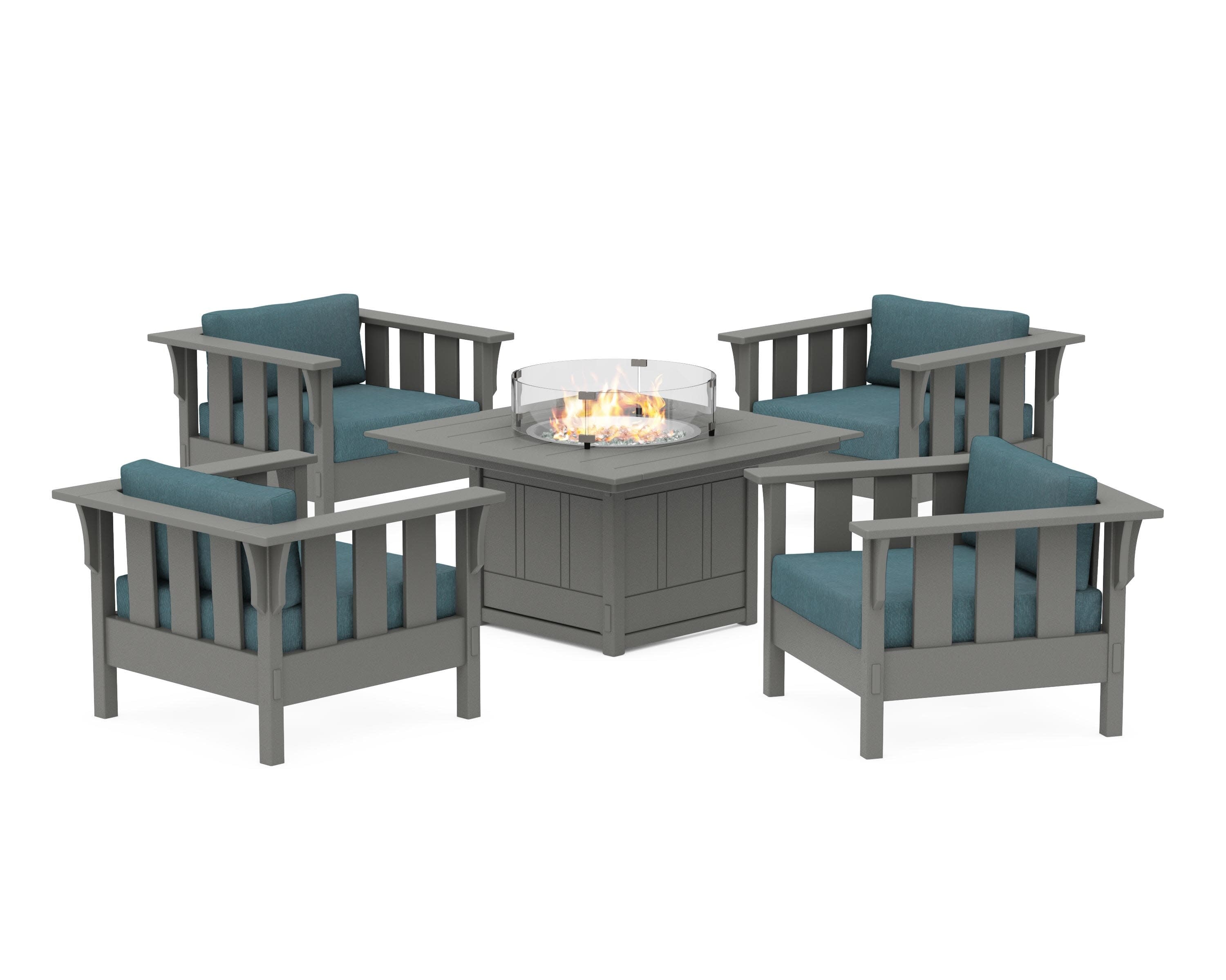 Acadia 5-Piece Deep Seating Set with Fire Pit Table in Slate Grey / Ocean Teal