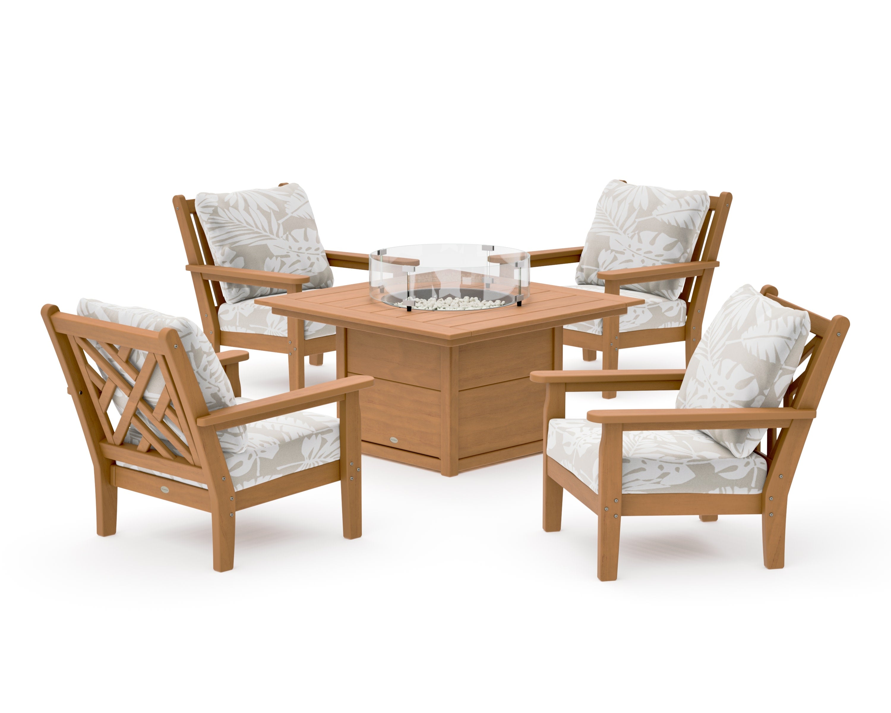 Chippendale 5-Piece Deep Seating Set with Fire Pit Table in Natural / Leaf Dune Burlap