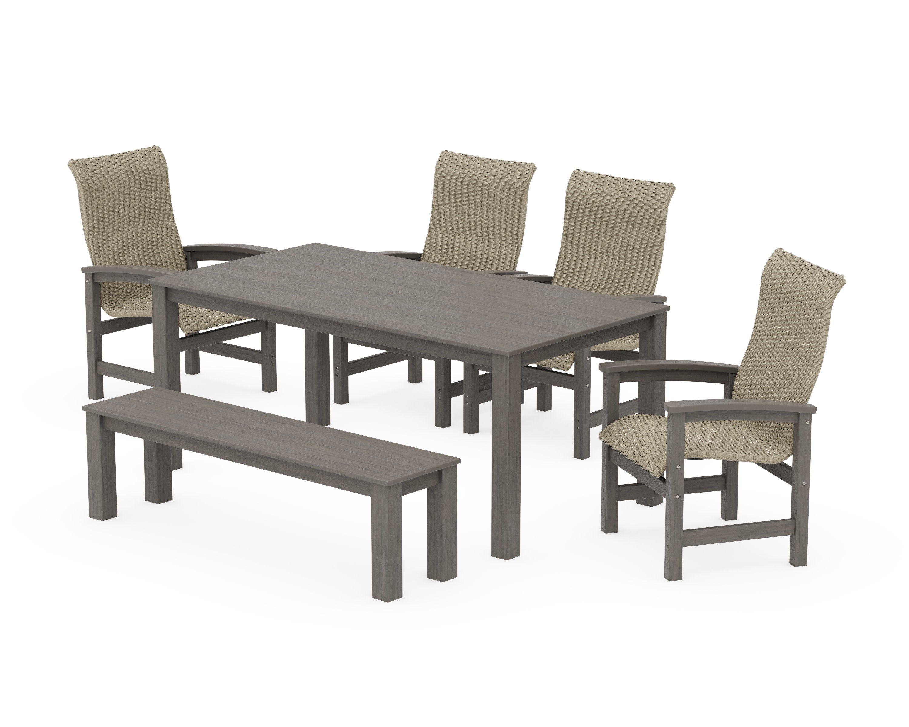 Coastal Woven High-Back 6-Piece Parsons Dining Set with Bench in Driftwood / Dune Grass