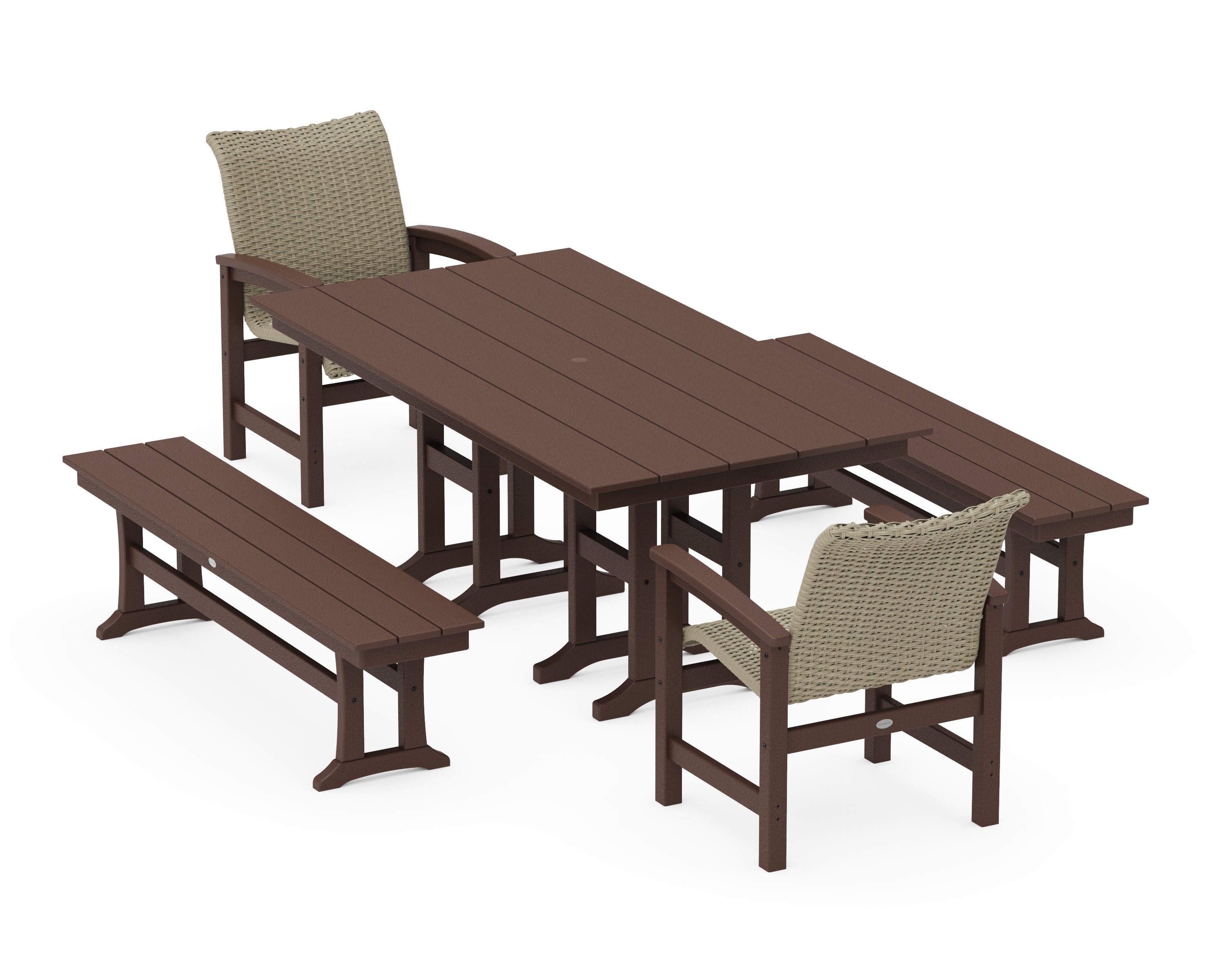 Coastal Woven 5-Piece Farmhouse Dining Set with Benches in Mahogany / Dune Grass