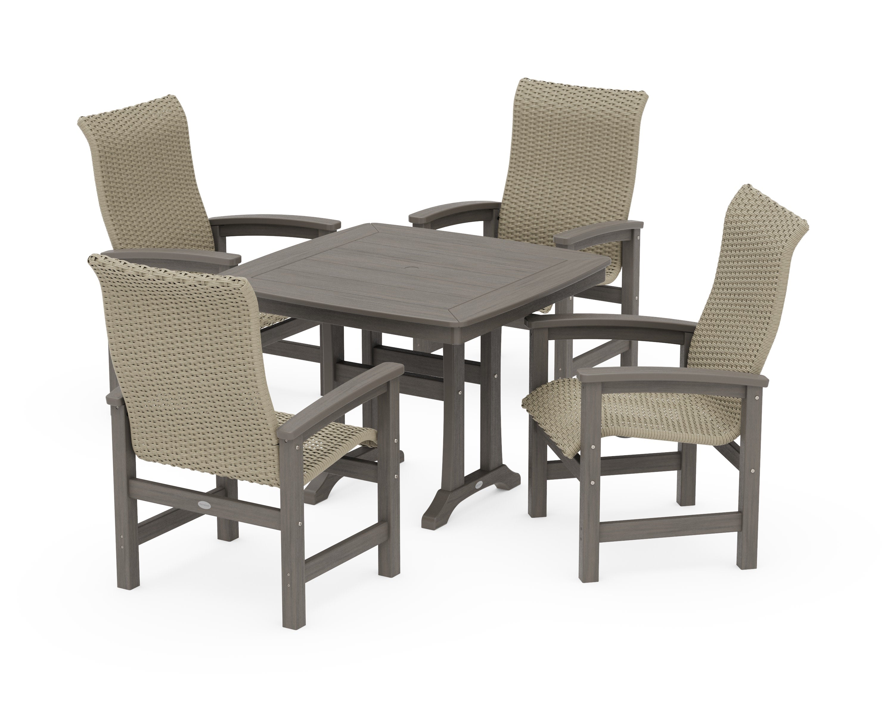 Coastal Woven High-Back 5-Piece Dining Set with Trestle Legs in Driftwood / Dune Grass