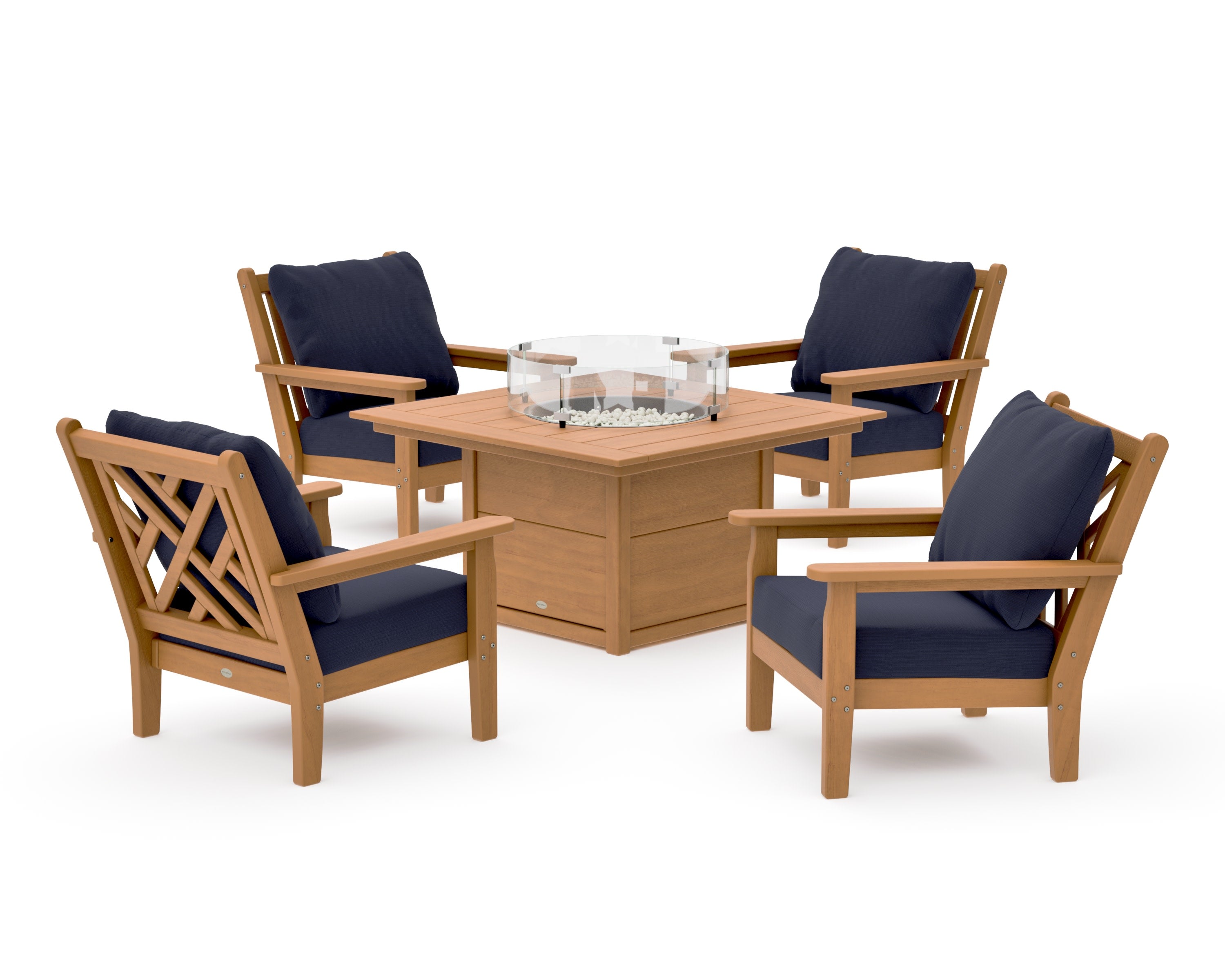 Chippendale 5-Piece Deep Seating Set with Fire Pit Table in Natural / Navy Linen