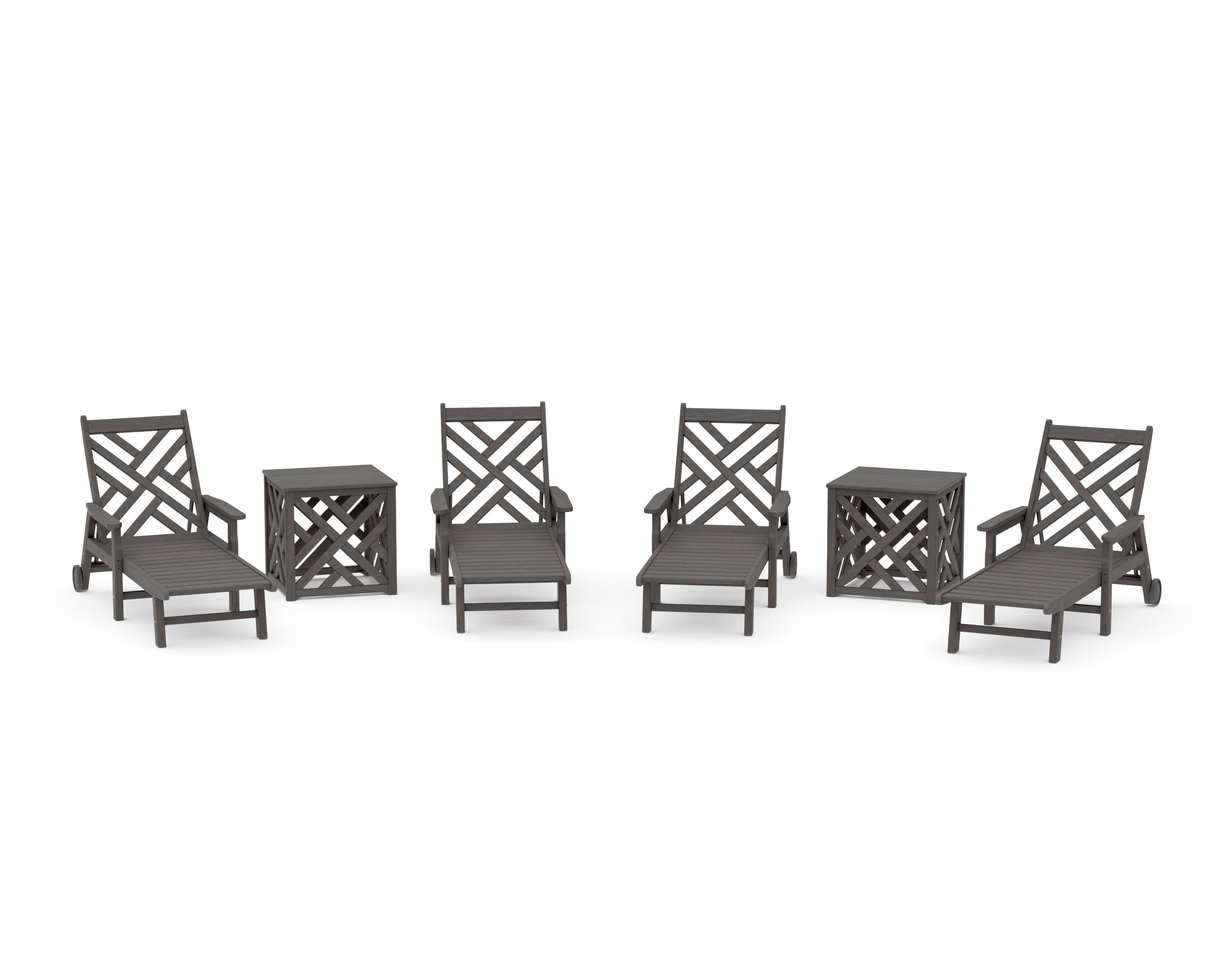 Chippendale 6-Piece Chaise Set with Umbrella Stand Accent Table in Driftwood