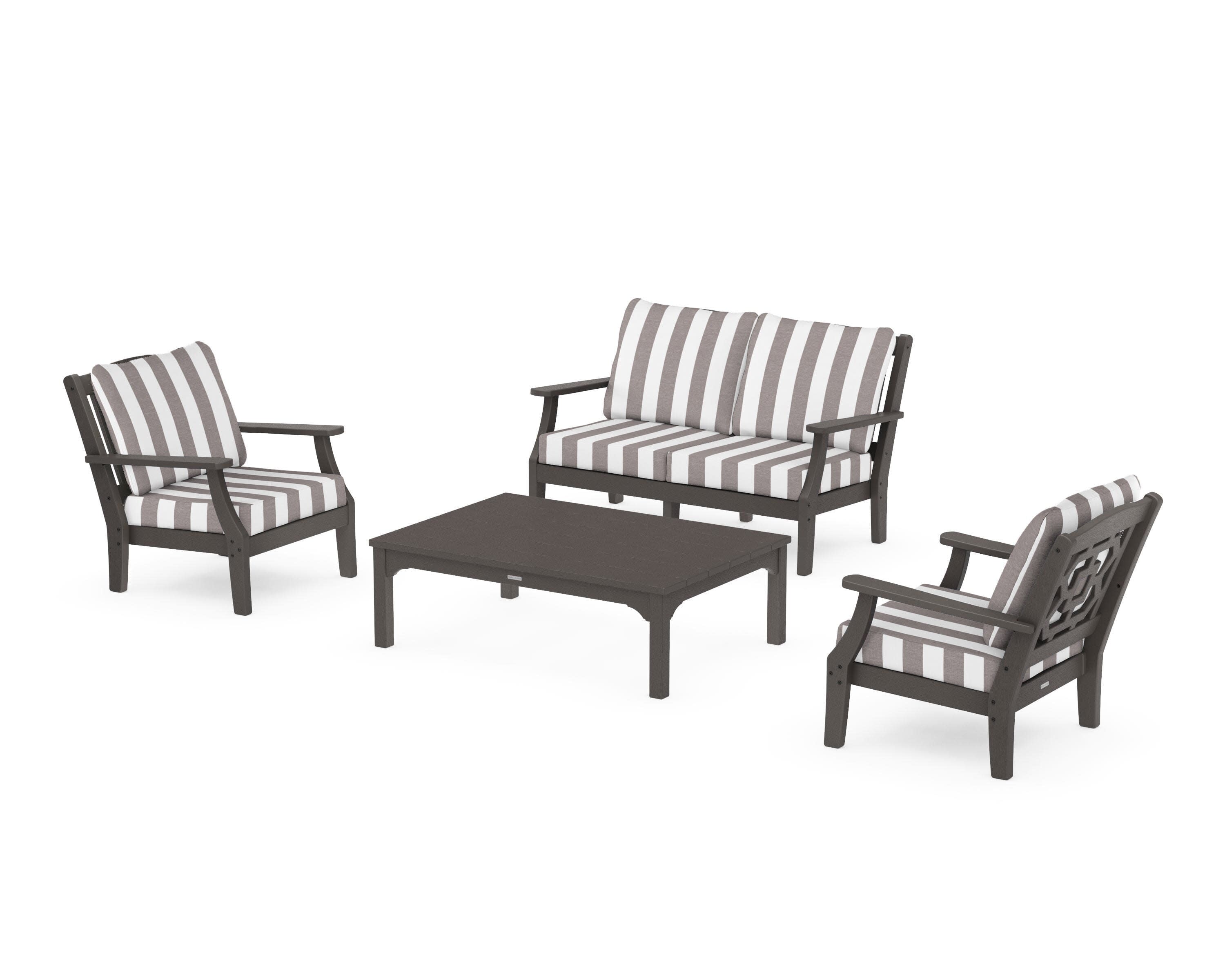 Chinoiserie 4-Piece Deep Seating Set with Loveseat in Vintage Coffee / Cabana Stripe Grey Mist