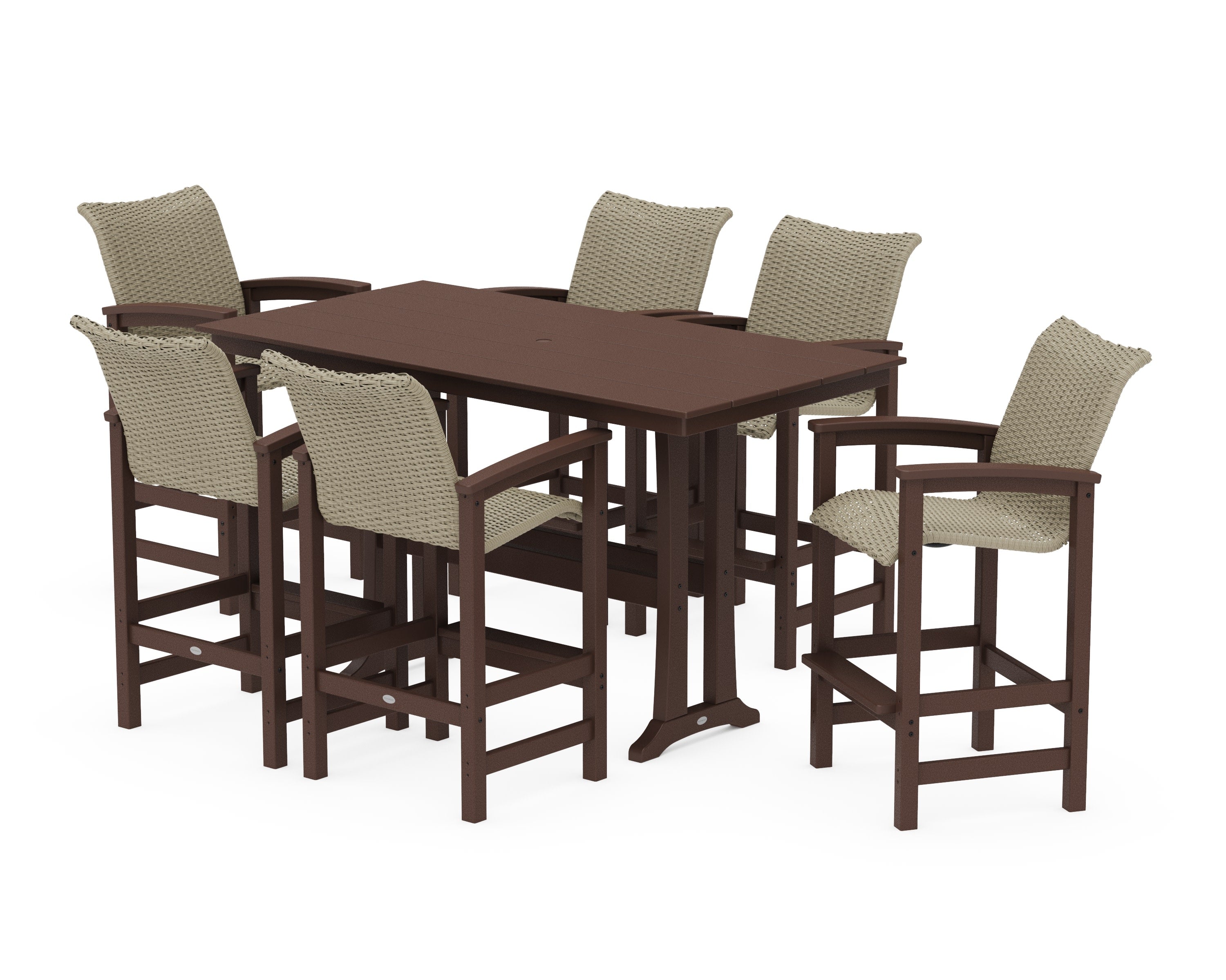 Coastal Woven Arm Chair 7-Piece Farmhouse Bar Set with Trestle Legs in Mahogany / Dune Grass
