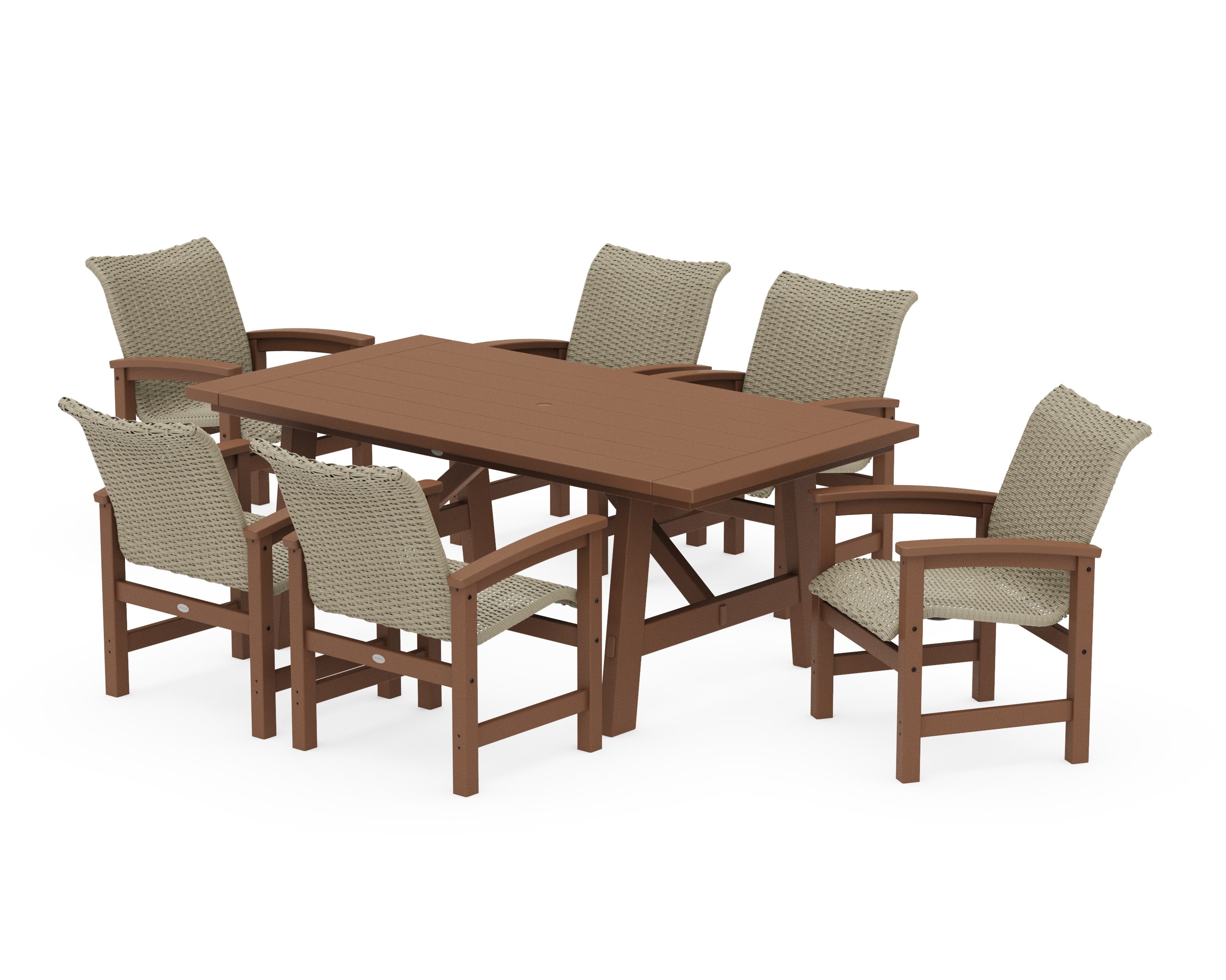 Coastal Woven Arm Chair 7-Piece Rustic Farmhouse Dining Set in Teak / Dune Grass