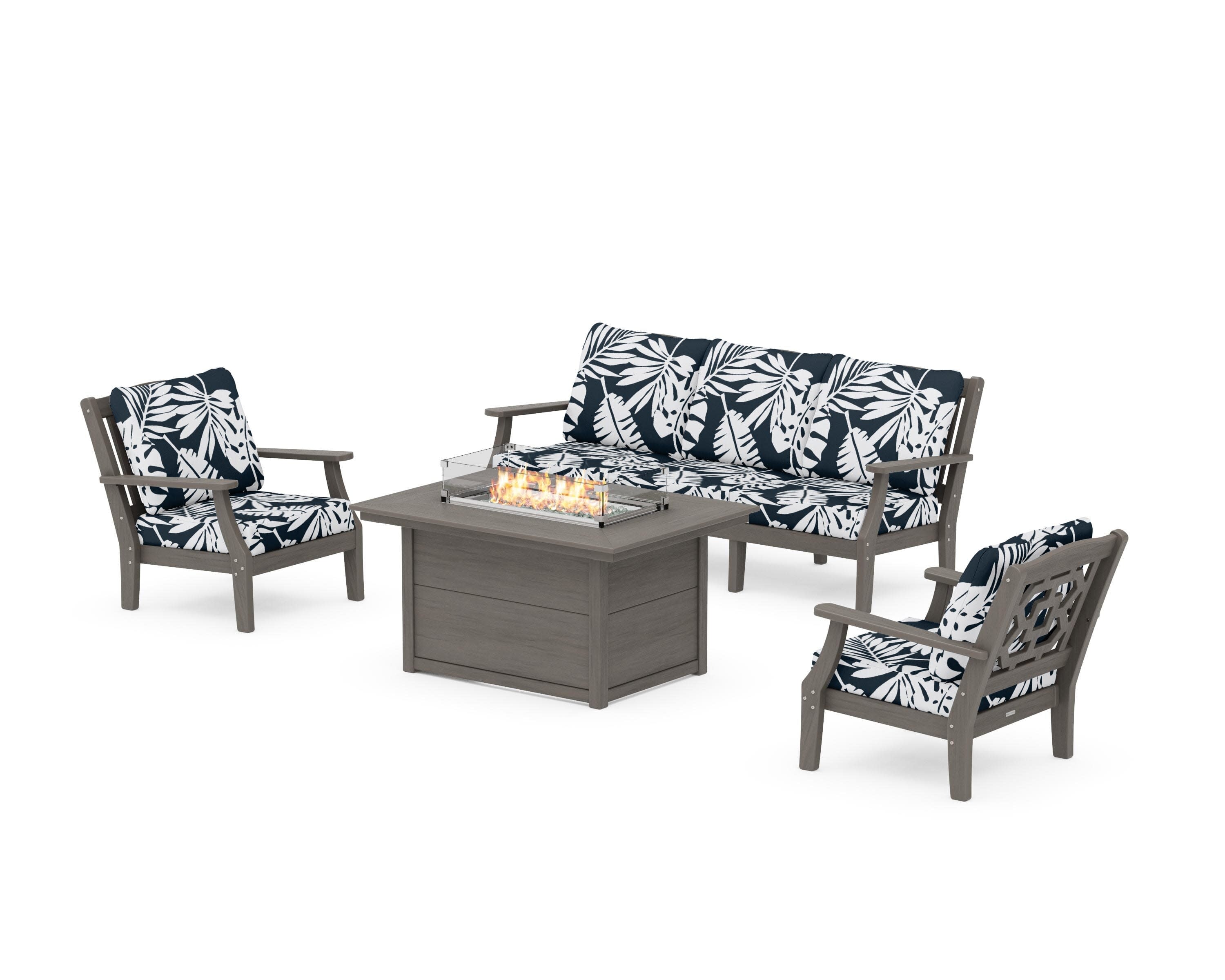 Chinoiserie Deep Seating Fire Pit Table Set in Driftwood / Leaf Marine Indigo