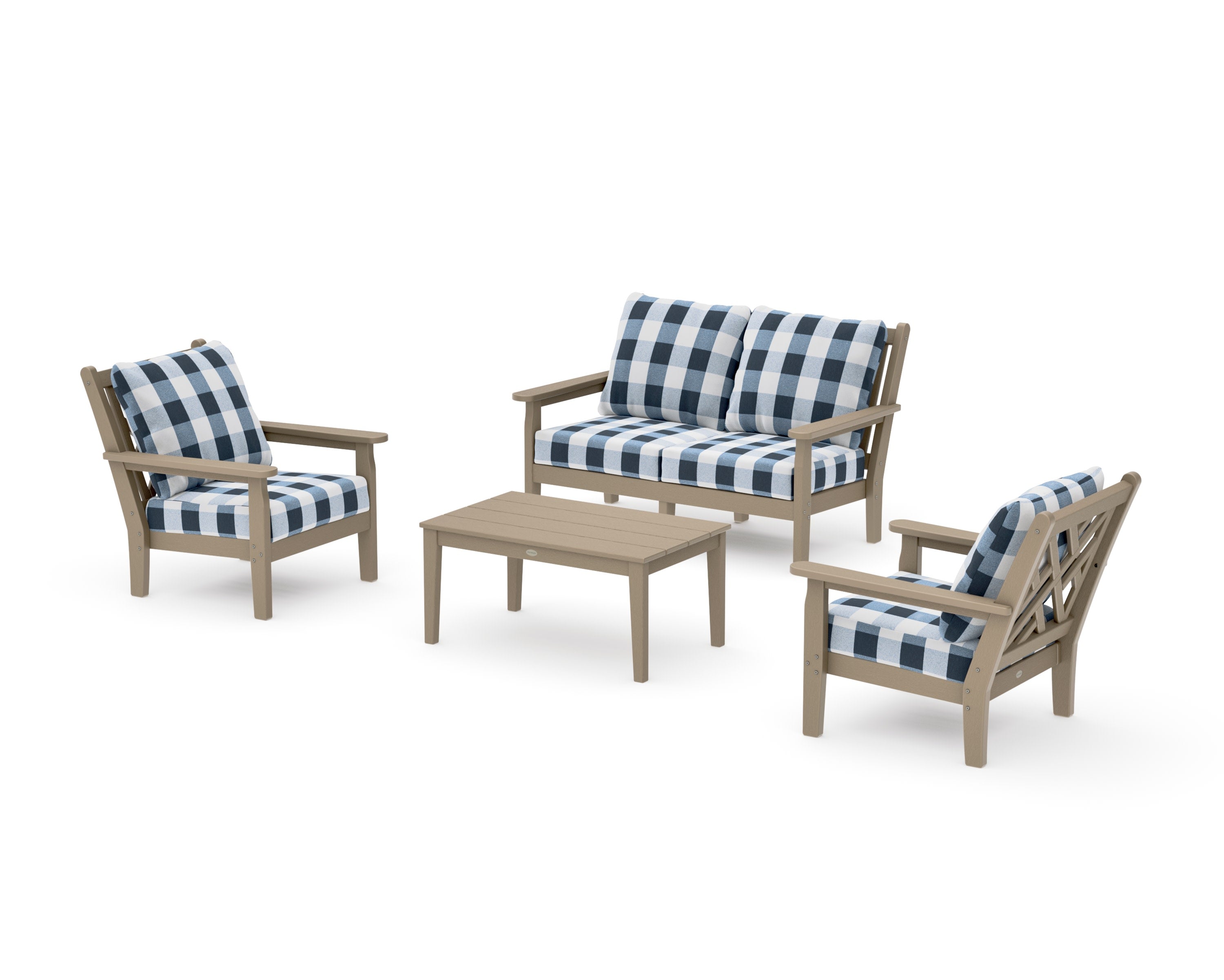 Chippendale 4-Piece Deep Seating Set with Loveseat in Vintage Sahara / Buffalo Plaid Marine Indigo