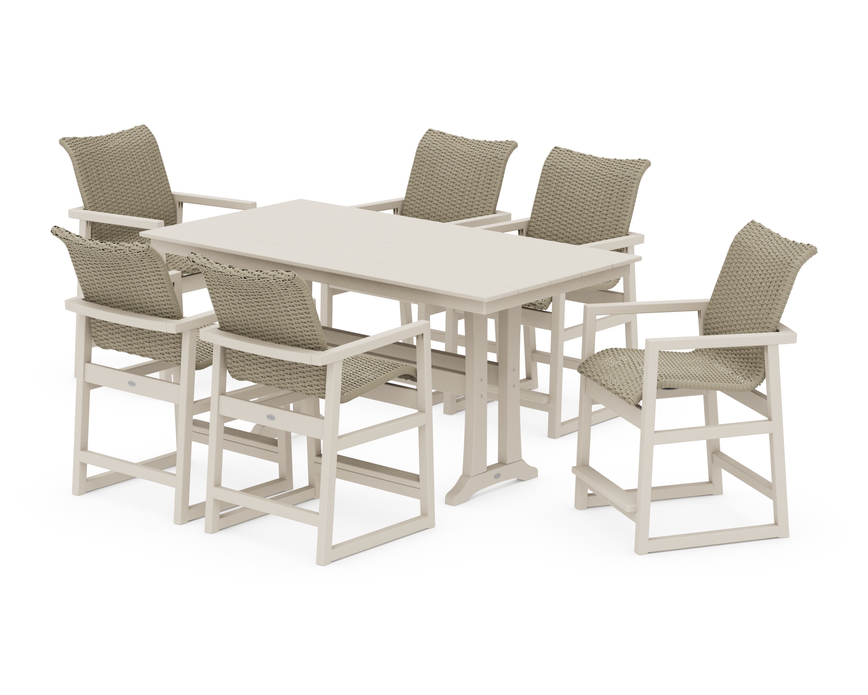 EDGE Woven Arm Chair 7-Piece Farmhouse Counter Set with Trestle Legs in Sand / Dune Grass