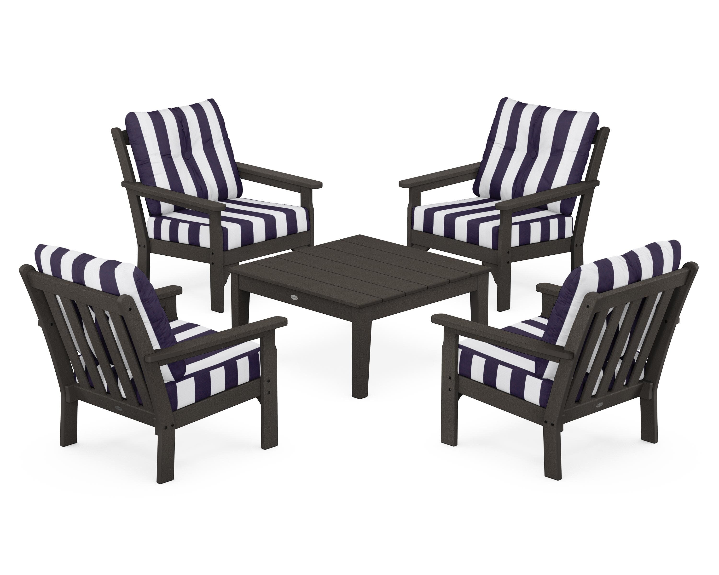 Vineyard 5-Piece Deep Seating Conversation Set in Vintage Coffee / Cabana Stripe Navy