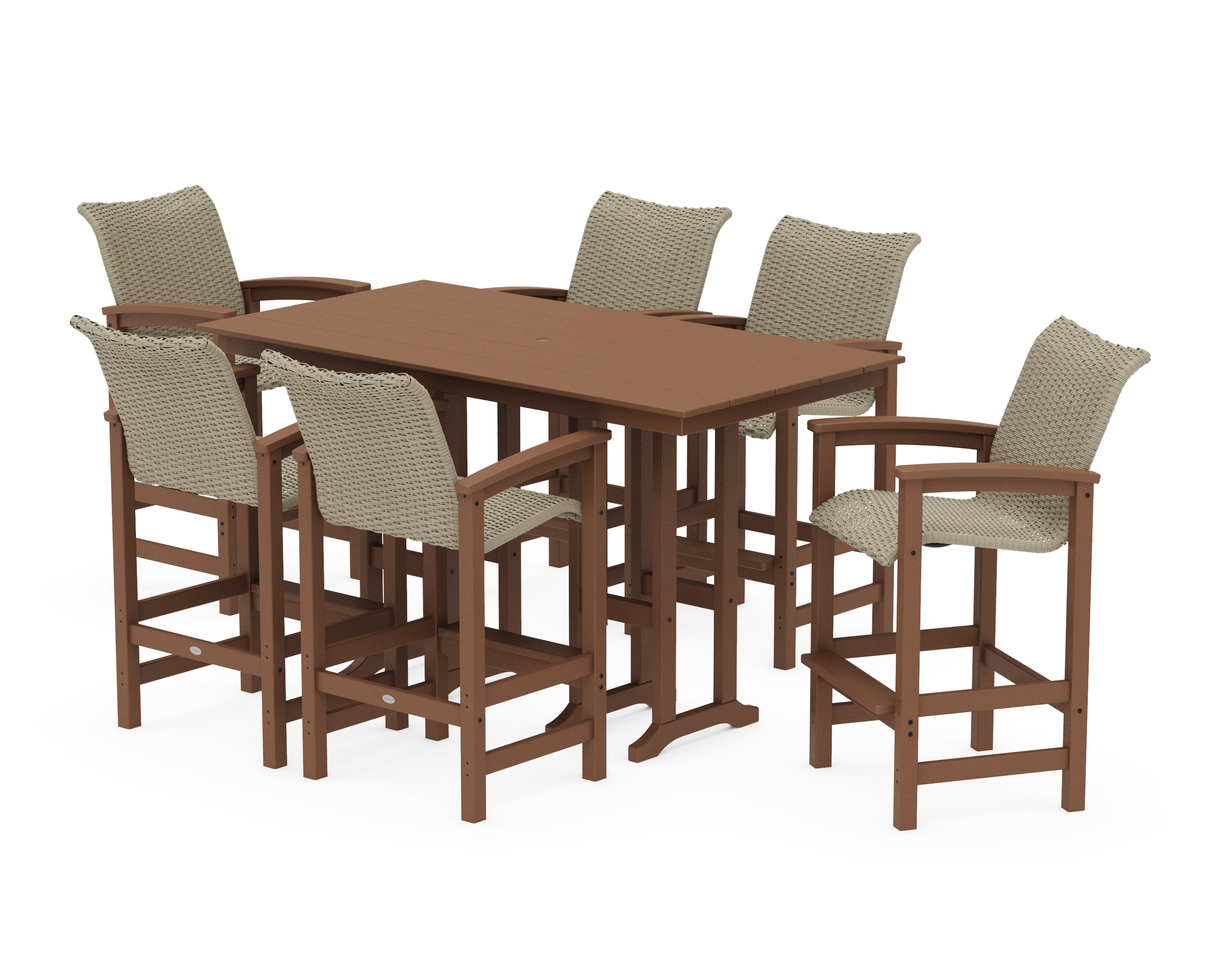 Coastal Woven Arm Chair 7-Piece Farmhouse Bar Set in Teak / Dune Grass