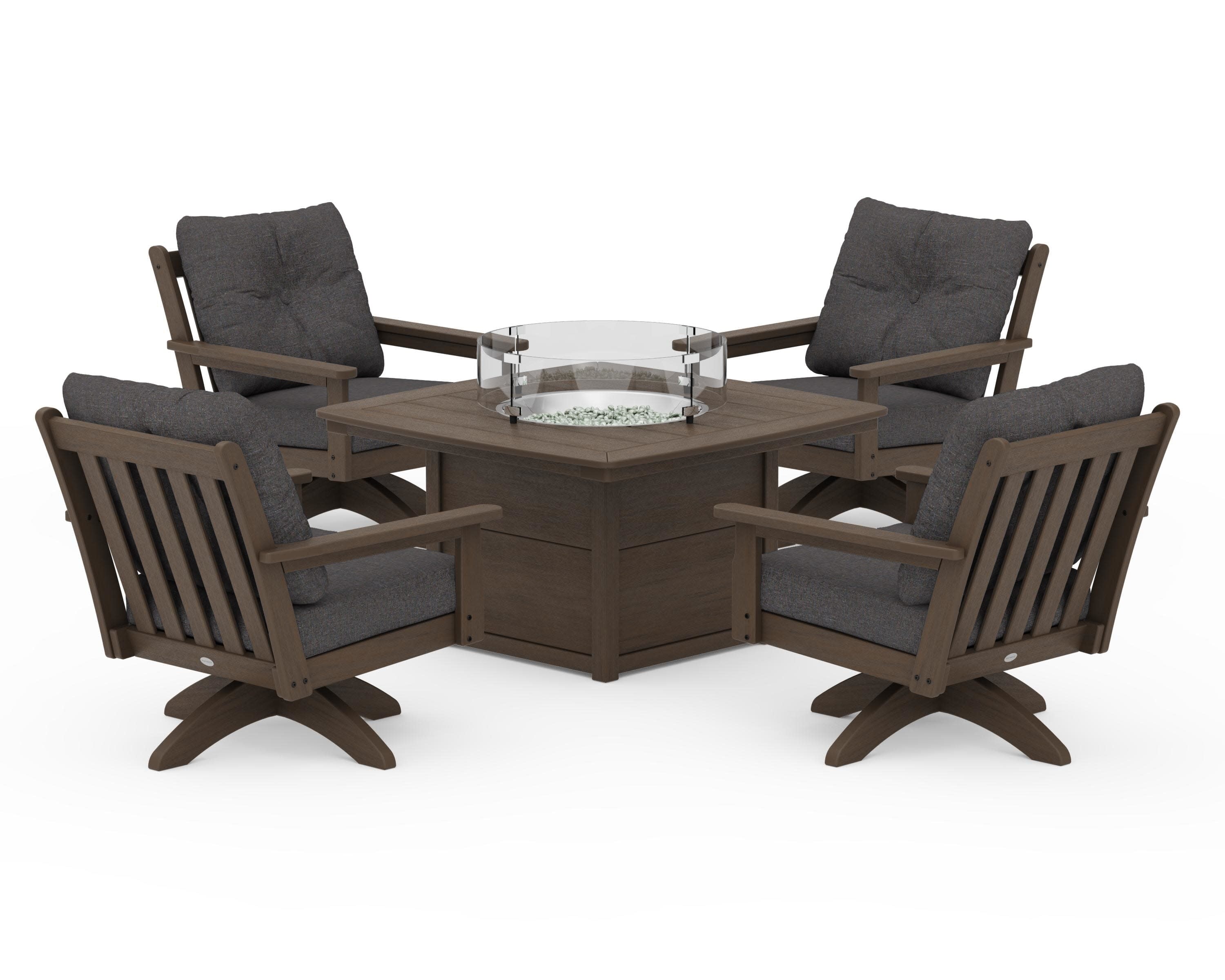 Vineyard 5-Piece Deep Seating Swivel Conversation Set with Fire Pit Table in Kona / Ash Charcoal