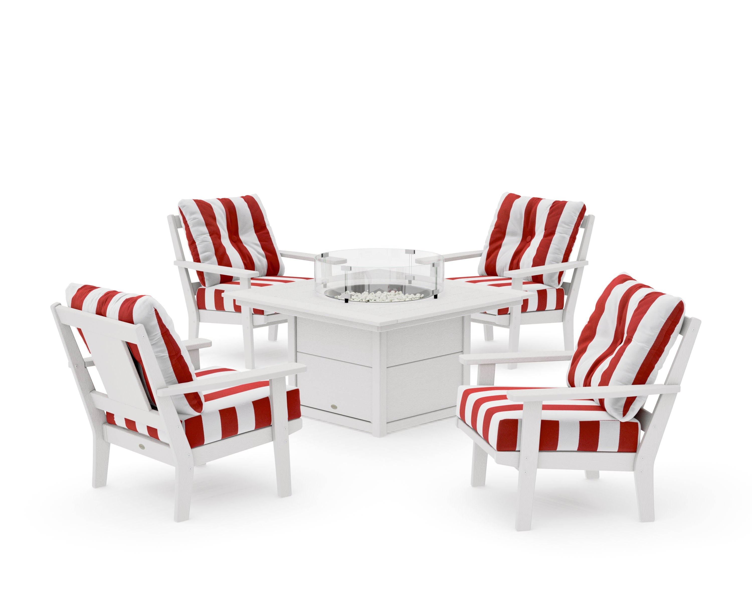 Prairie 5-Piece Deep Seating Set with Fire Pit Table in Vintage White / Cabana Stripe Crimson