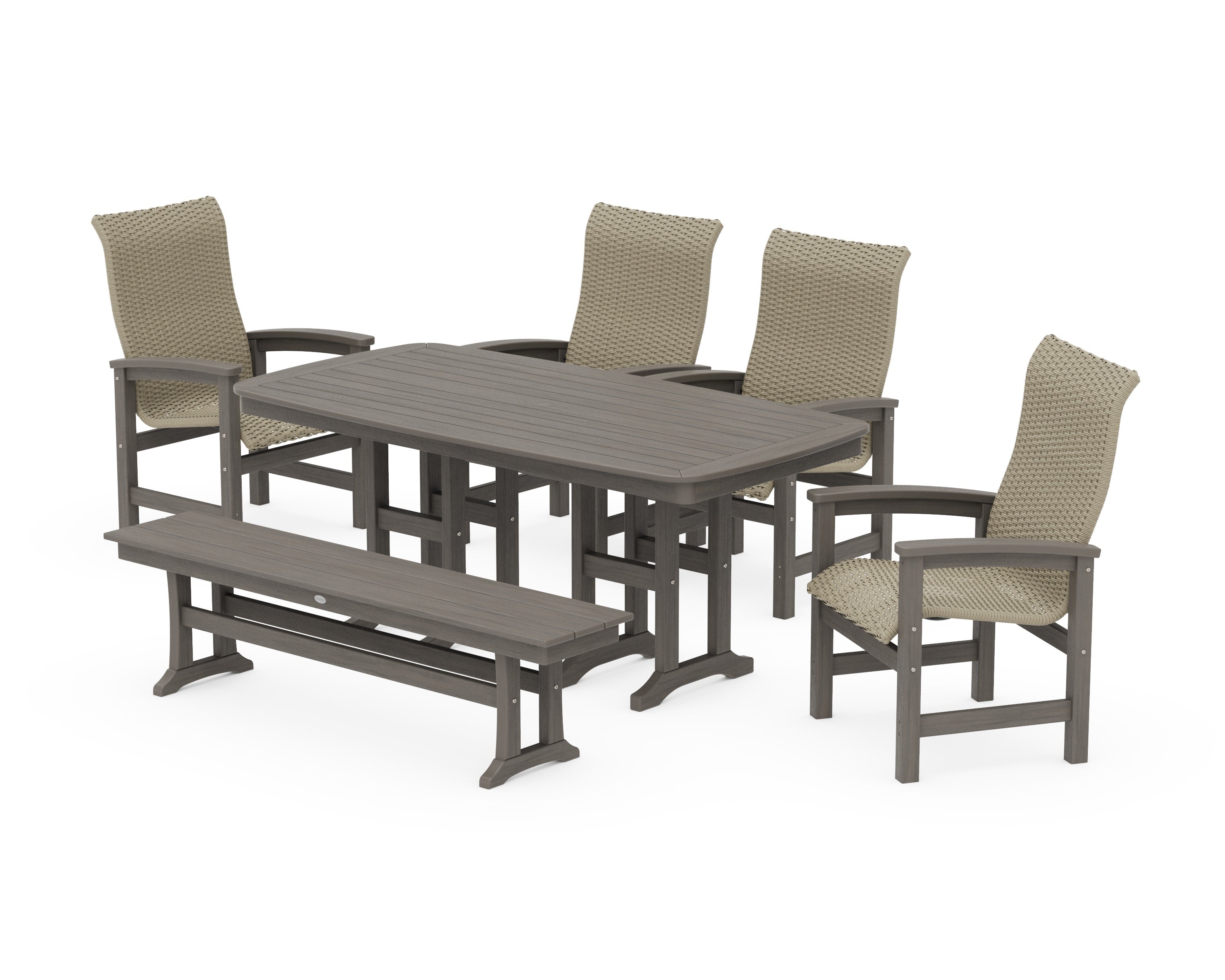 Coastal Woven High-Back 6-Piece Farmhouse Dining Set with Bench in Driftwood / Dune Grass