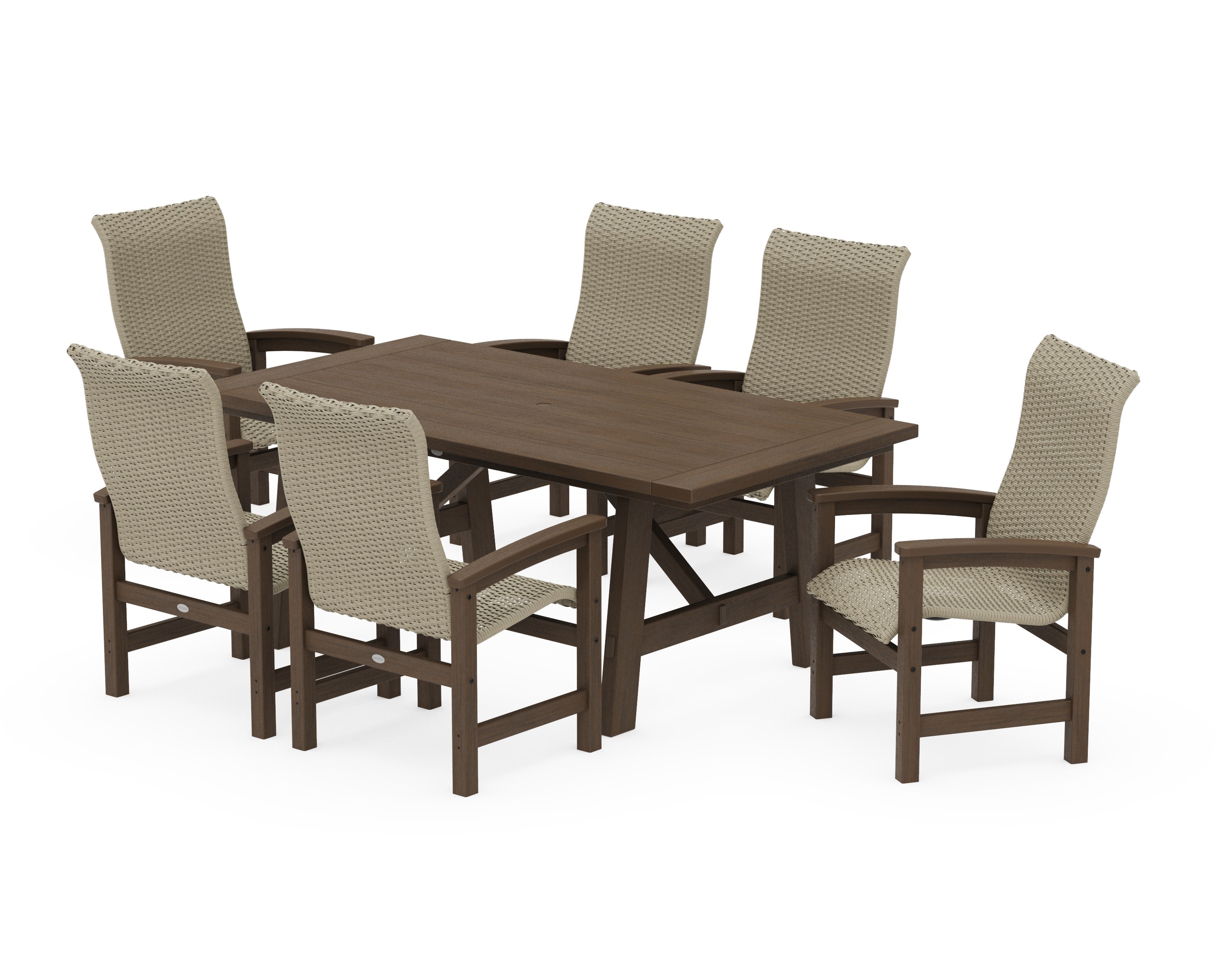 Coastal Woven High-Back Arm Chair 7-Piece Rustic Farmhouse Dining Set in Kona / Dune Grass