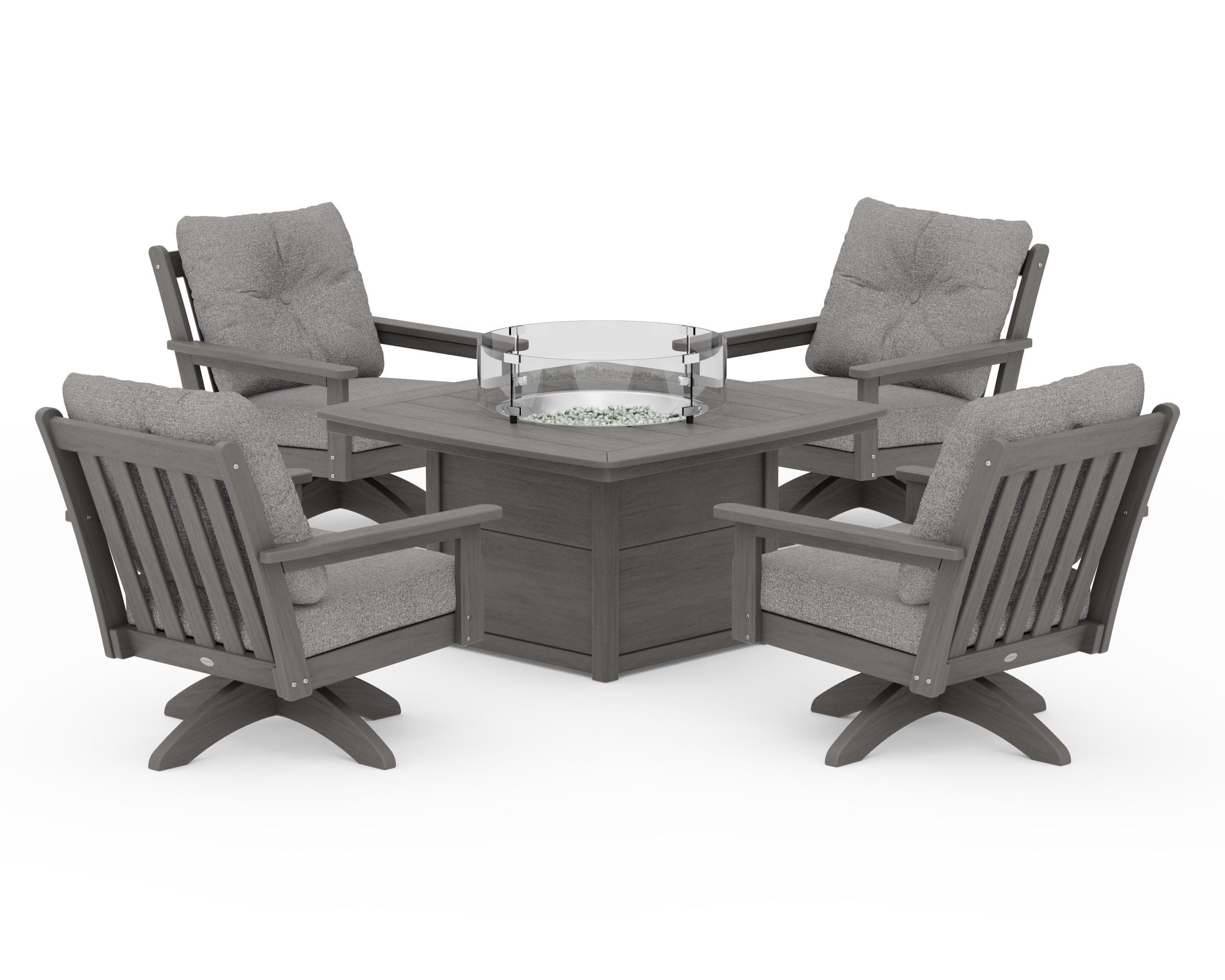 Vineyard 5-Piece Deep Seating Swivel Conversation Set with Fire Pit Table in Driftwood / Grey Mist