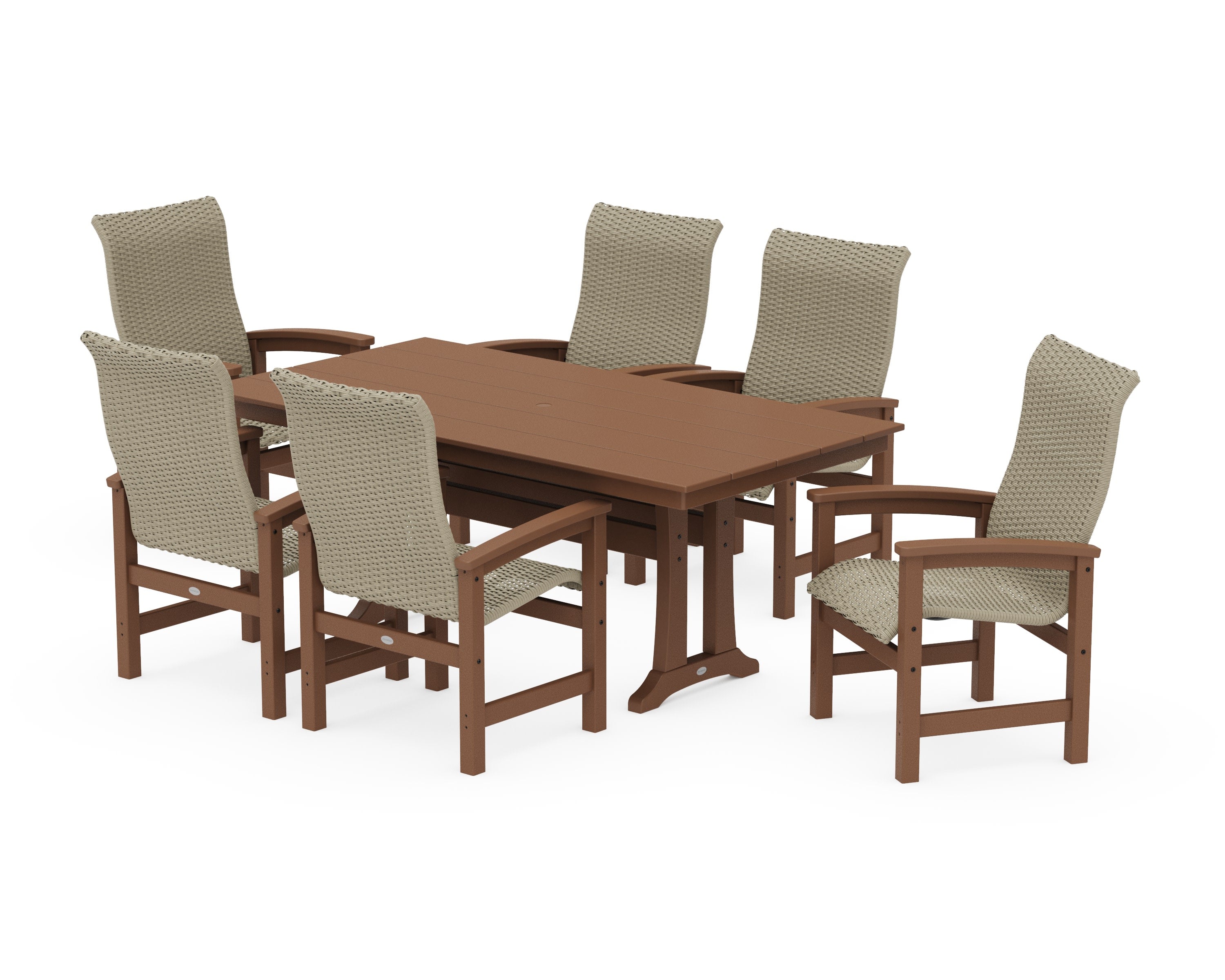 Coastal Woven High-Back Arm Chair 7-Piece Farmhouse Dining Set with Trestle Legs in Teak / Dune Grass
