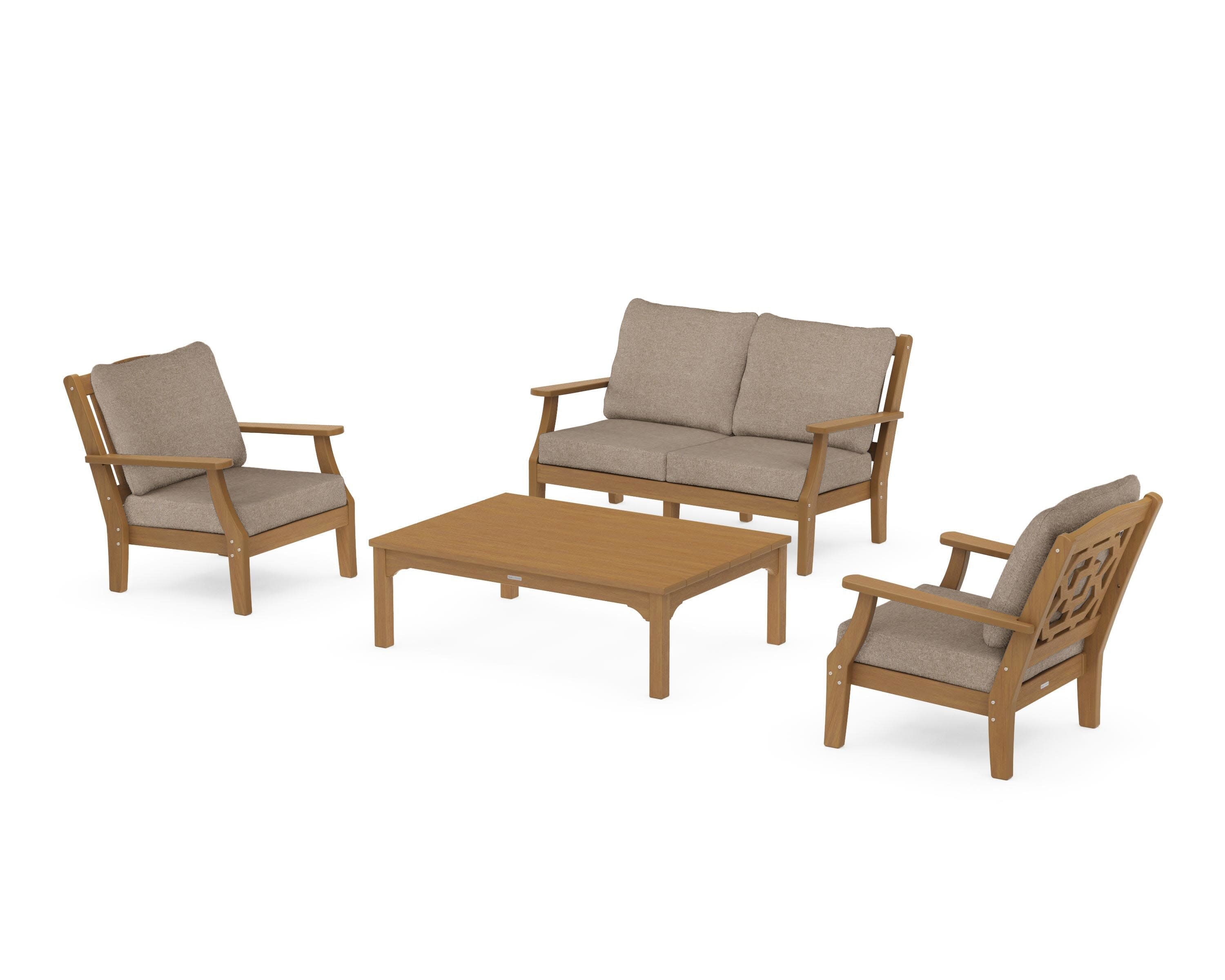 Chinoiserie 4-Piece Deep Seating Set with Loveseat in Natural / Spiced Burlap