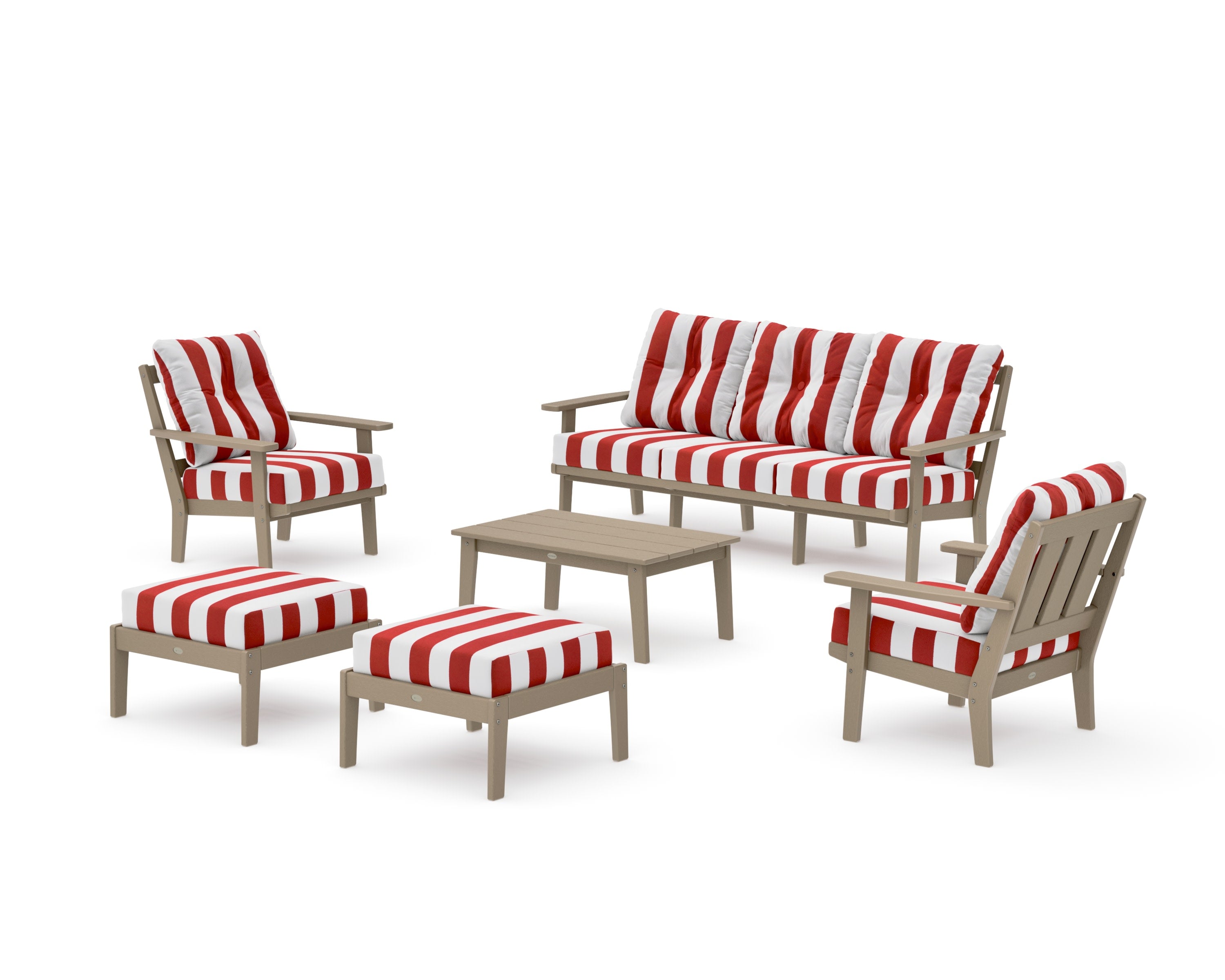 Oxford 6-Piece Lounge Sofa Set in Vintage Sahara / Cabana Stripe Crimson