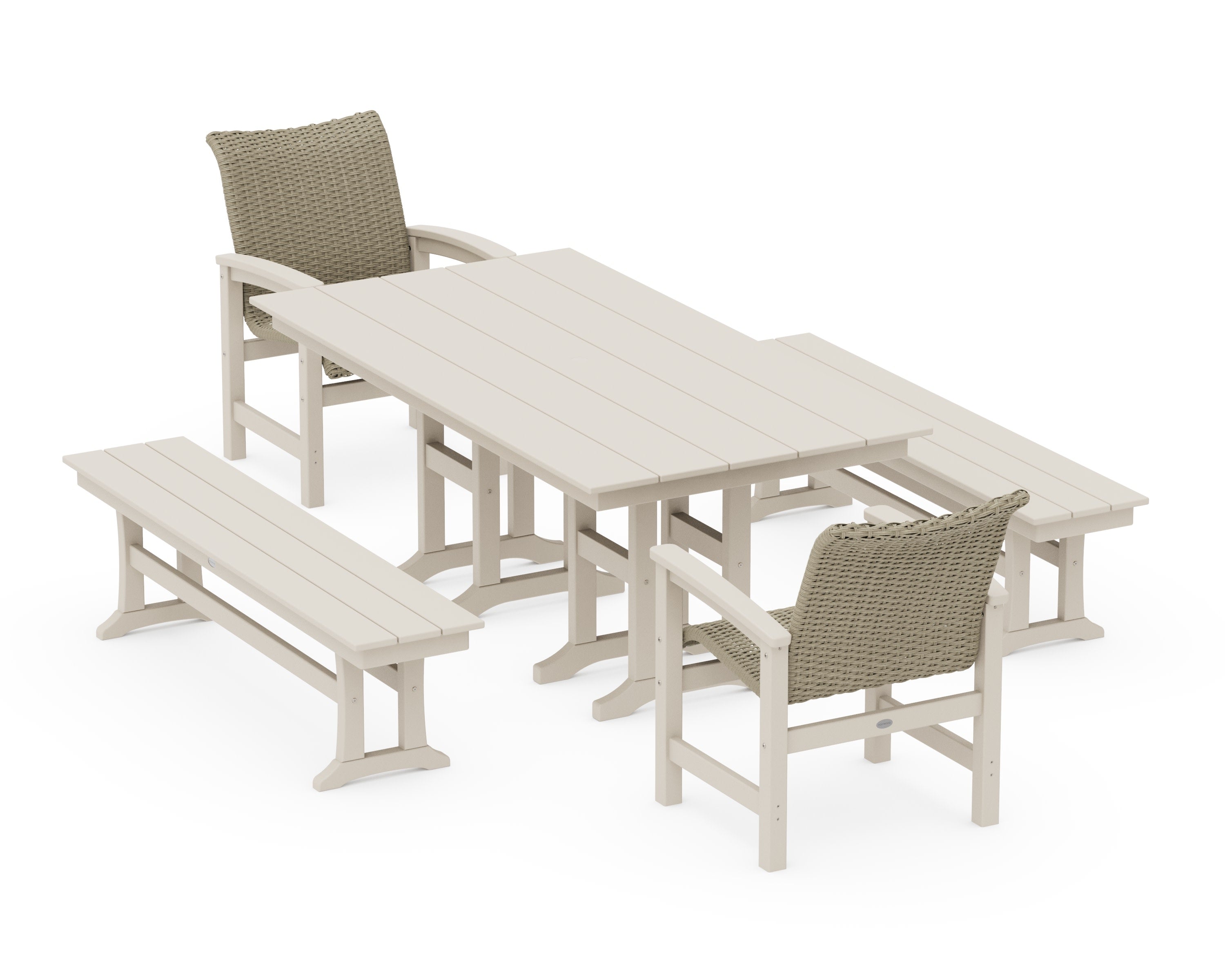 Coastal Woven 5-Piece Farmhouse Dining Set with Benches in Sand / Dune Grass