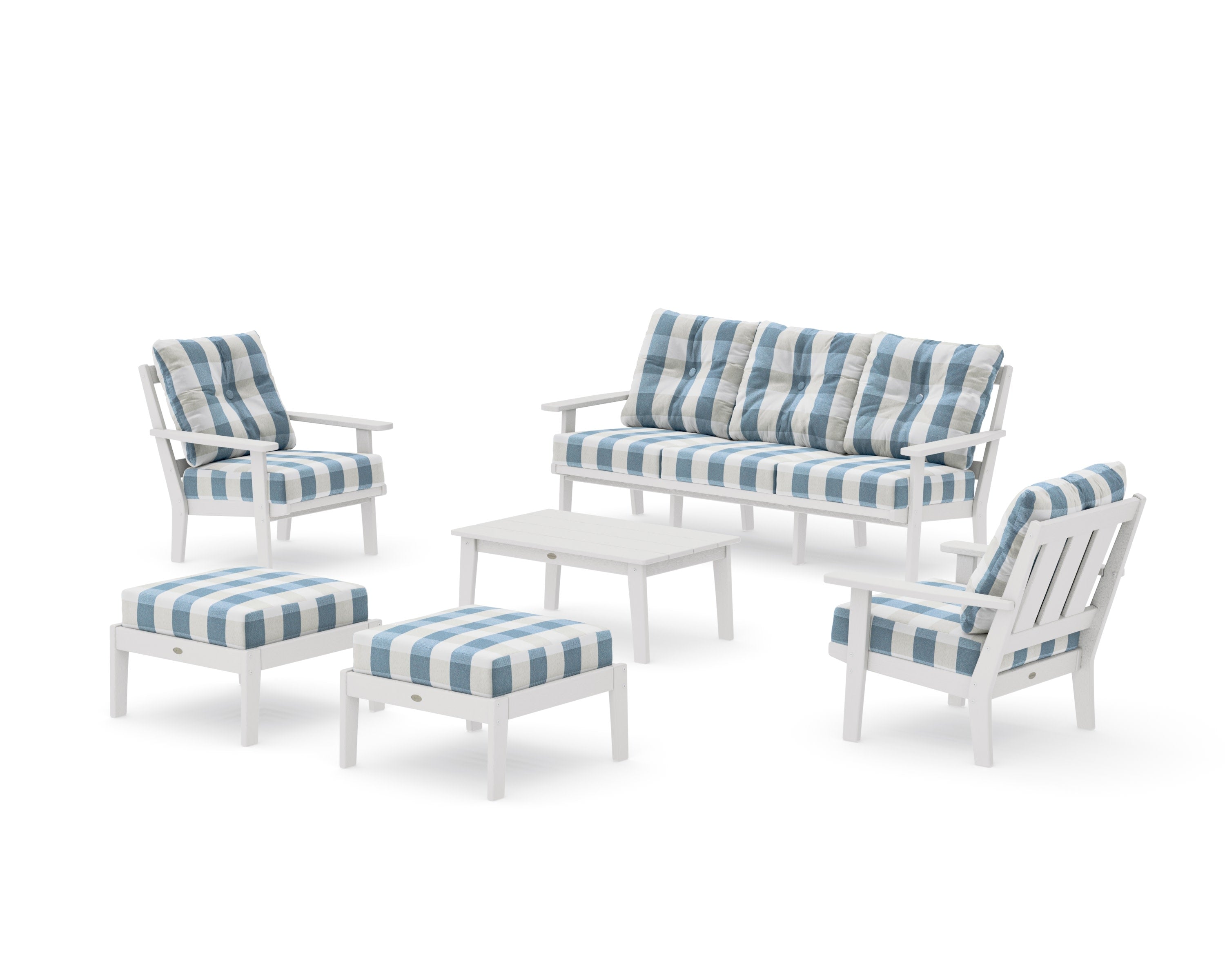 Oxford 6-Piece Lounge Sofa Set in Vintage White / Buffalo Plaid Sky Blue