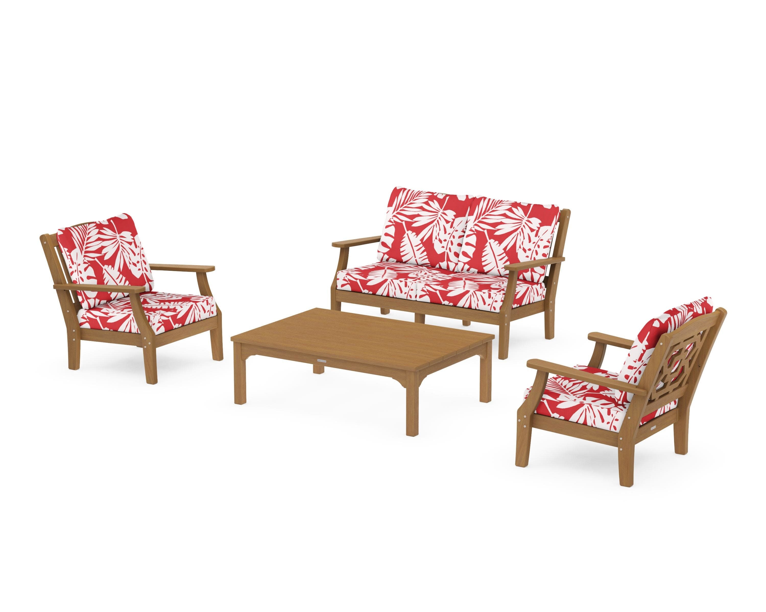 Chinoiserie 4-Piece Deep Seating Set with Loveseat in Natural / Leaf Crimson