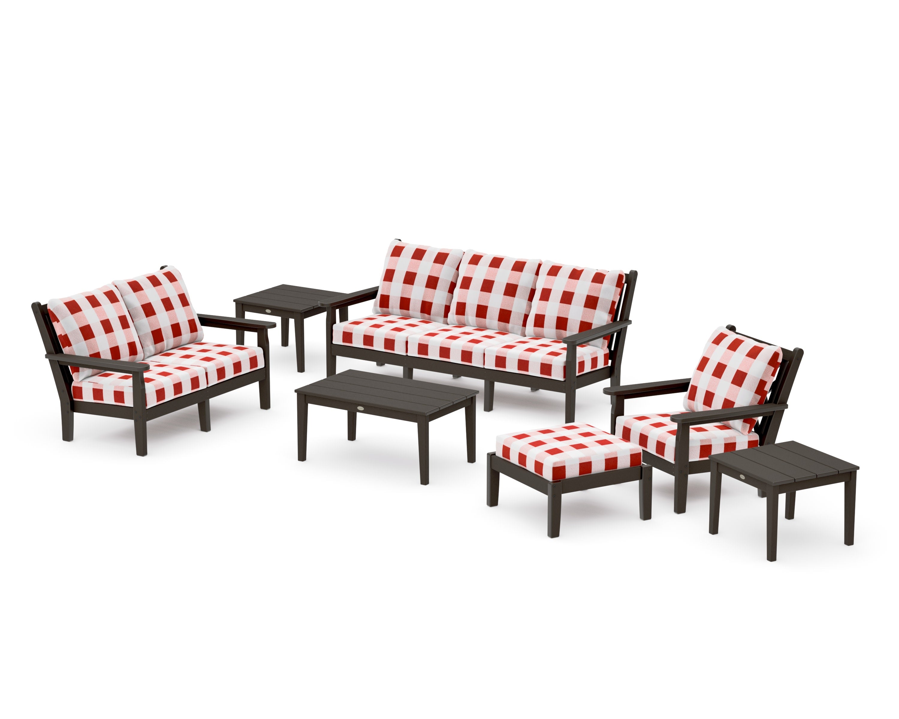 Chippendale 7-Piece Deep Seating Set in Vintage Coffee / Buffalo Plaid Crimson