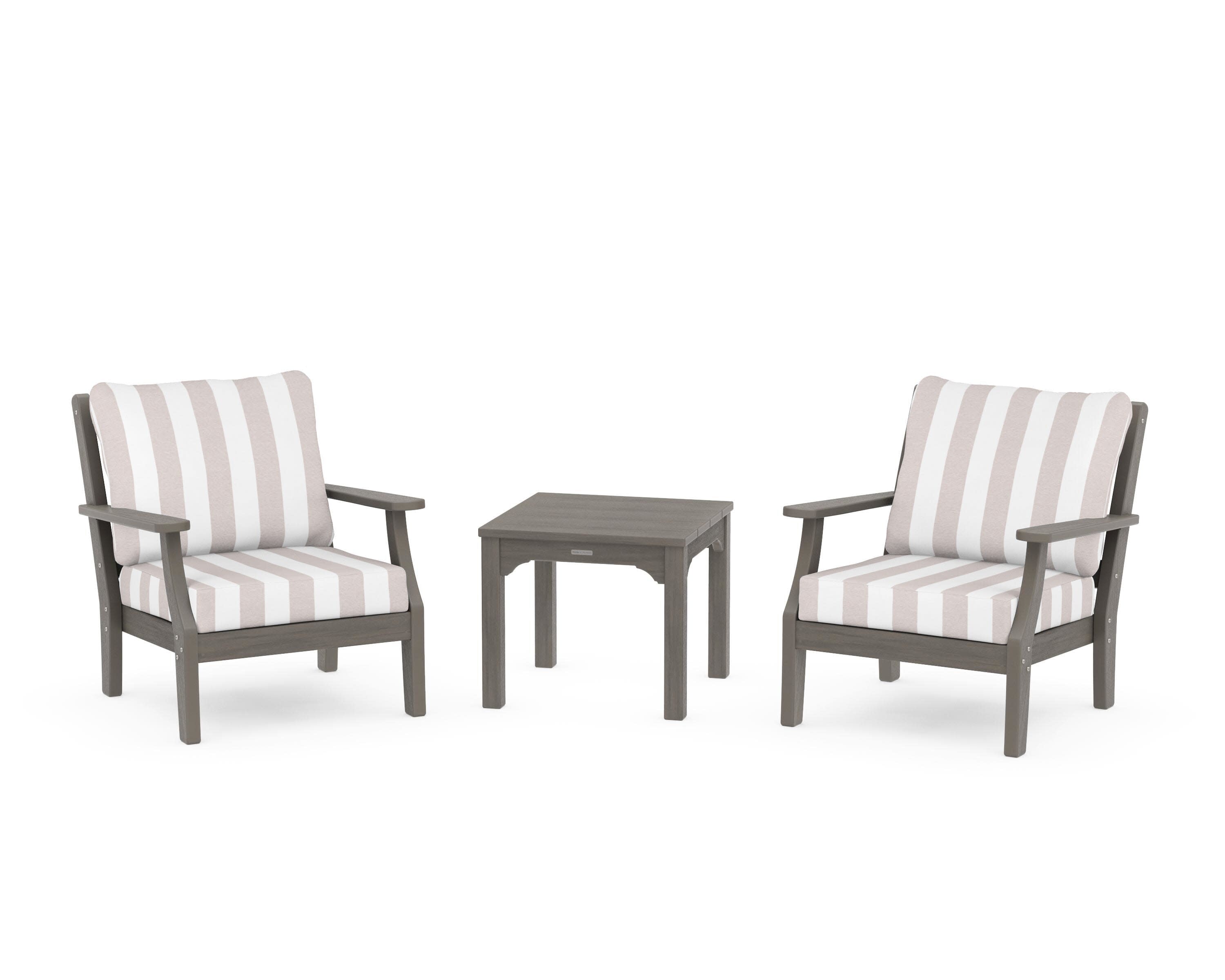 Chinoiserie 3-Piece Deep Seating Set in Driftwood / Cabana Stripe Dune Burlap