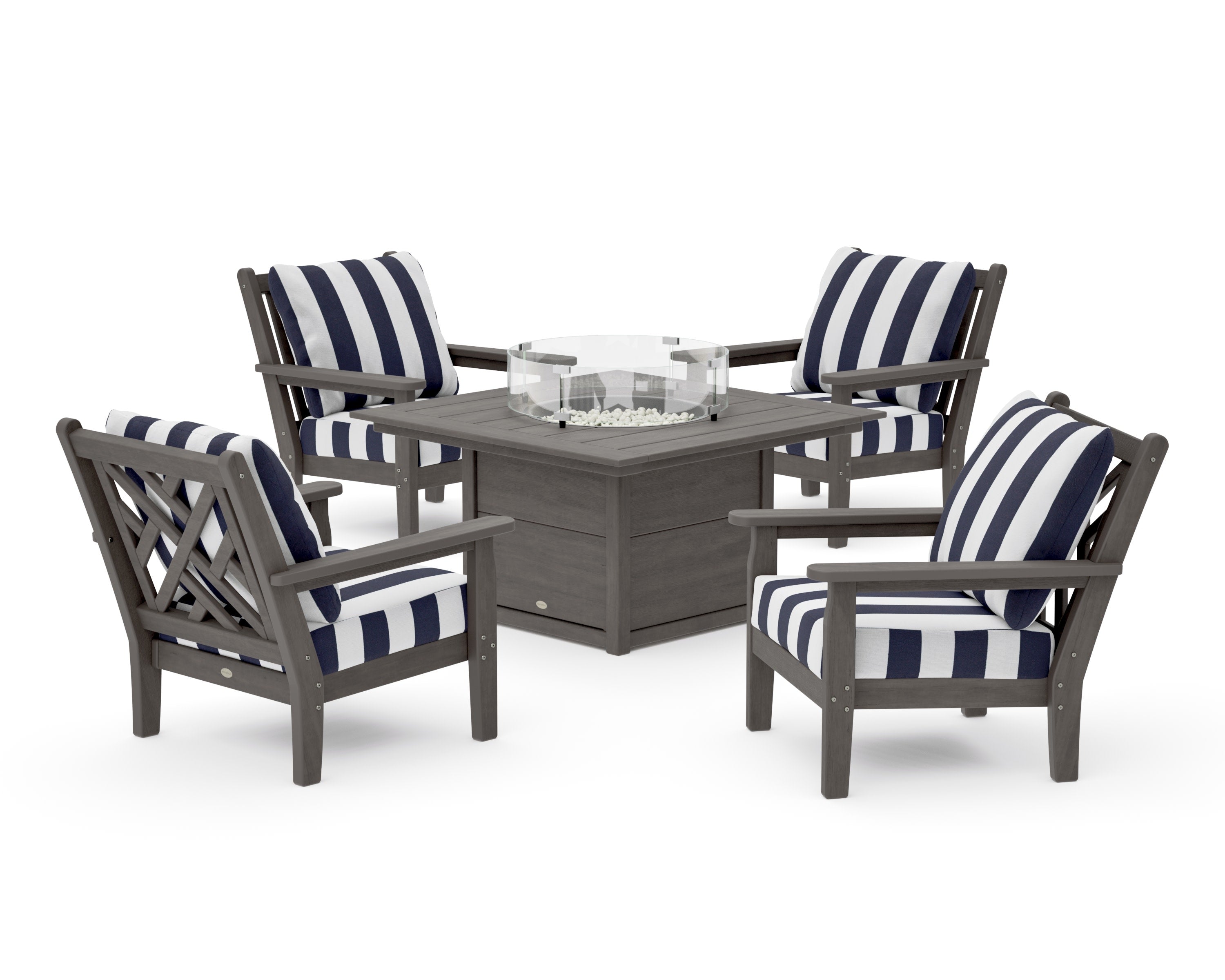 Chippendale 5-Piece Deep Seating Set with Fire Pit Table in Driftwood / Cabana Stripe Navy