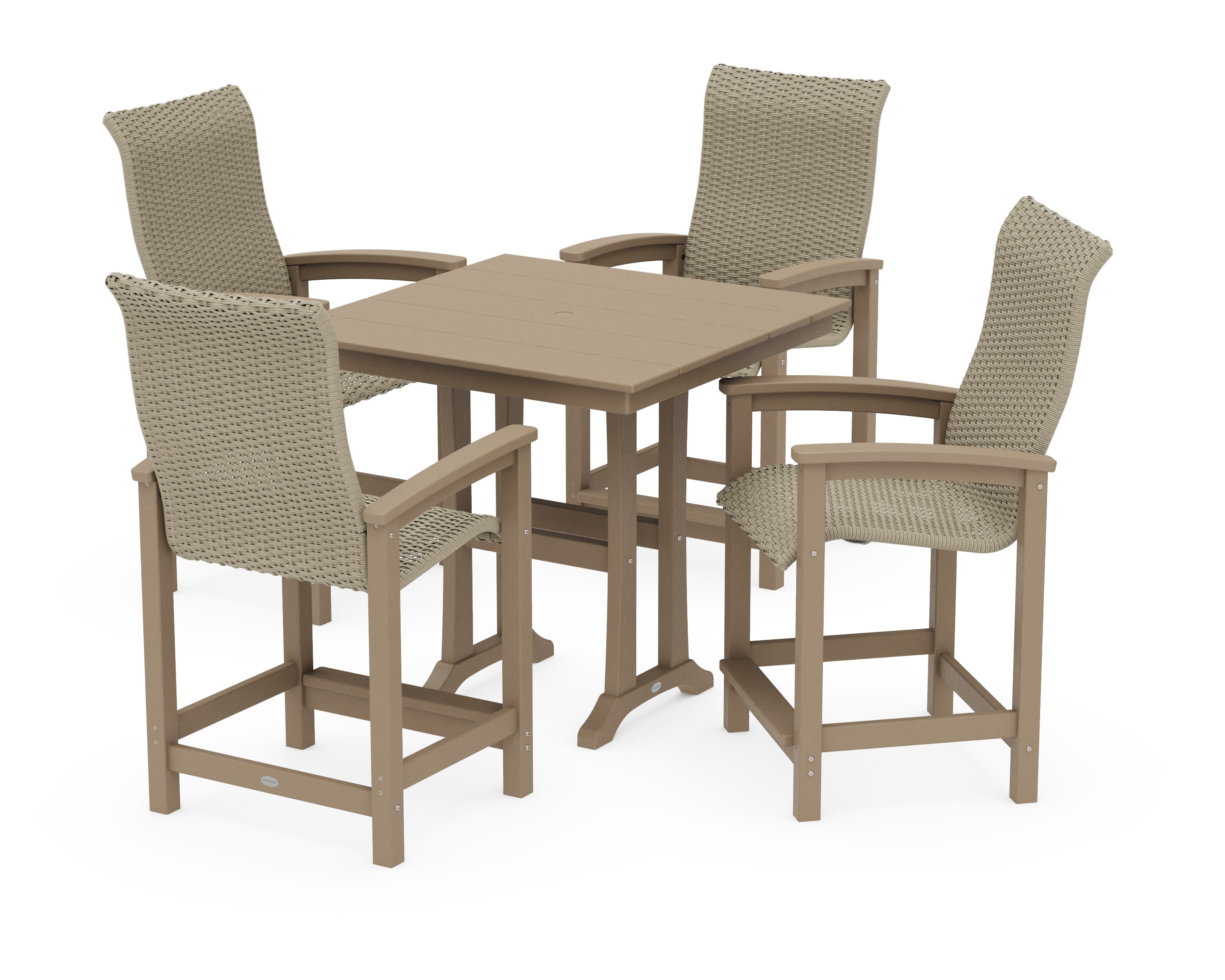 Coastal Woven High-Back 5-Piece Farmhouse Counter Set with Trestle Legs in Vintage Sahara / Dune Grass