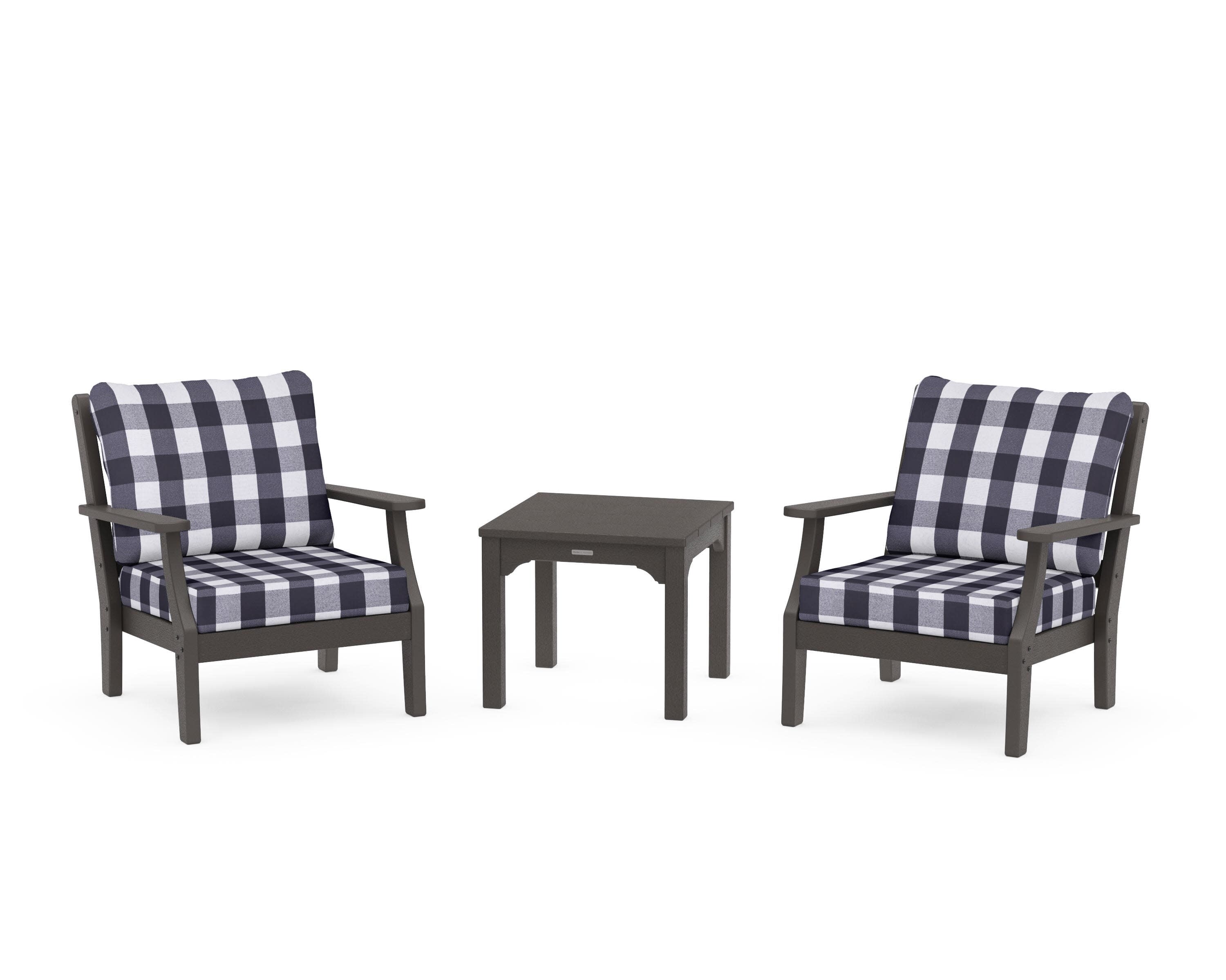 Chinoiserie 3-Piece Deep Seating Set in Vintage Coffee / Buffalo Plaid Navy