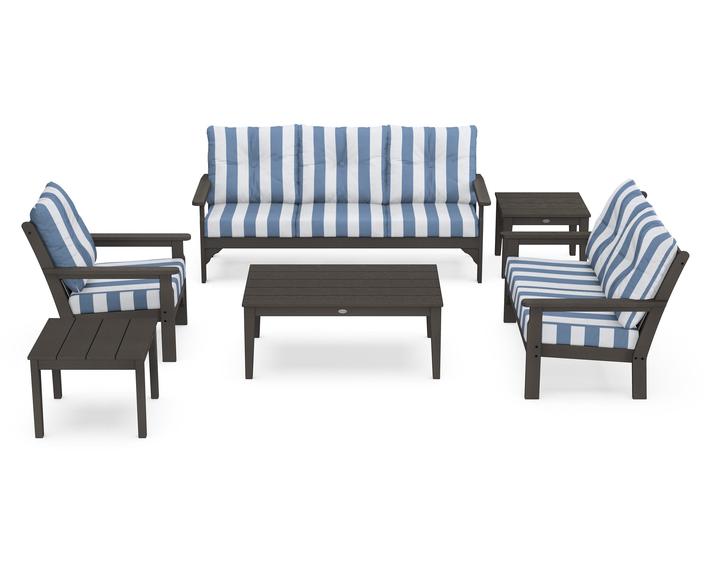 Vineyard 6-Piece Deep Seating Set in Vintage Coffee / Cabana Stripe Sky Blue