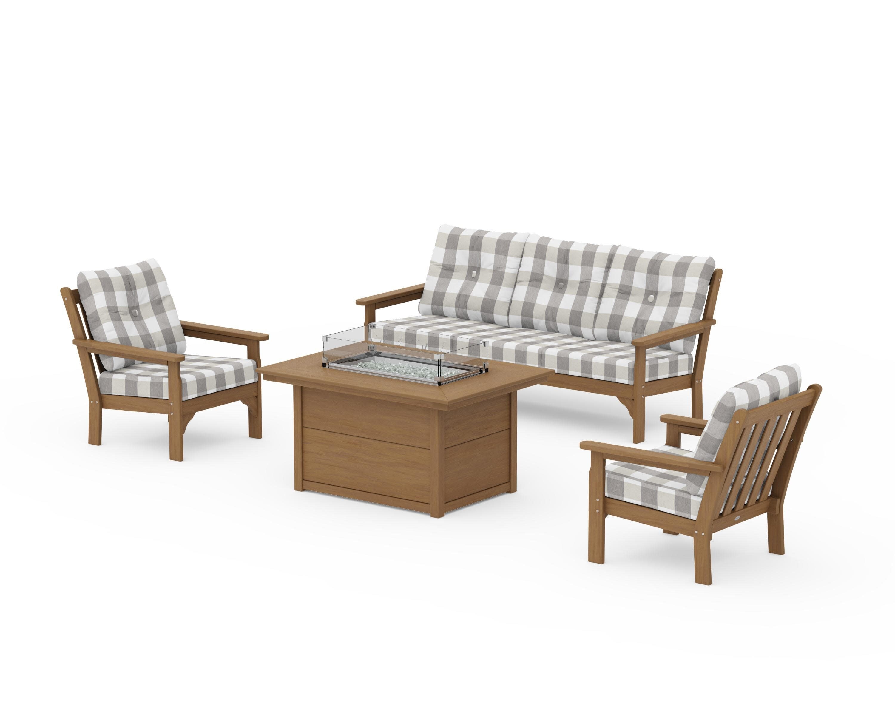 Vineyard Deep Seating Fire Pit Table Set in Natural / Buffalo Plaid Grey Mist