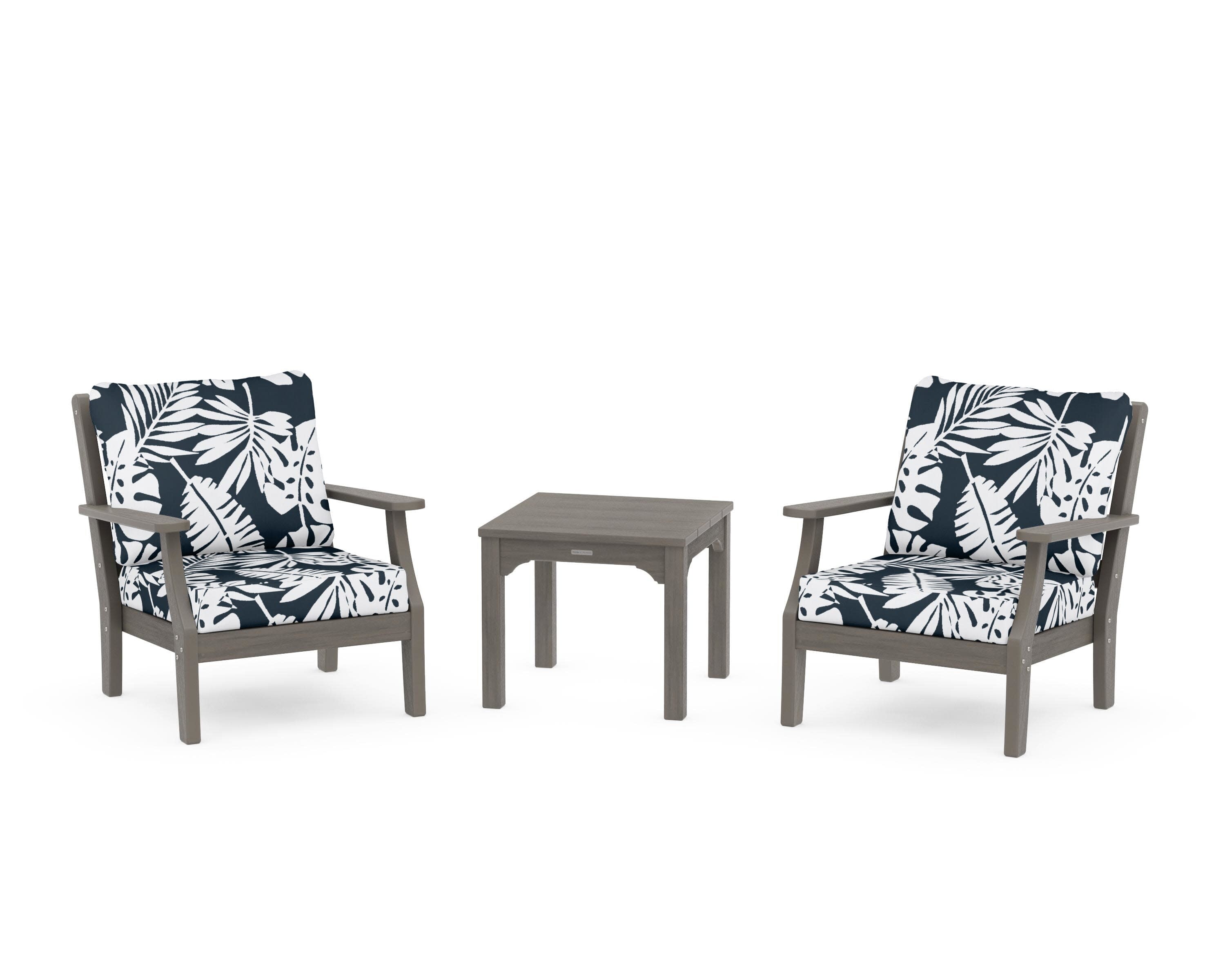 Chinoiserie 3-Piece Deep Seating Set in Driftwood / Leaf Marine Indigo