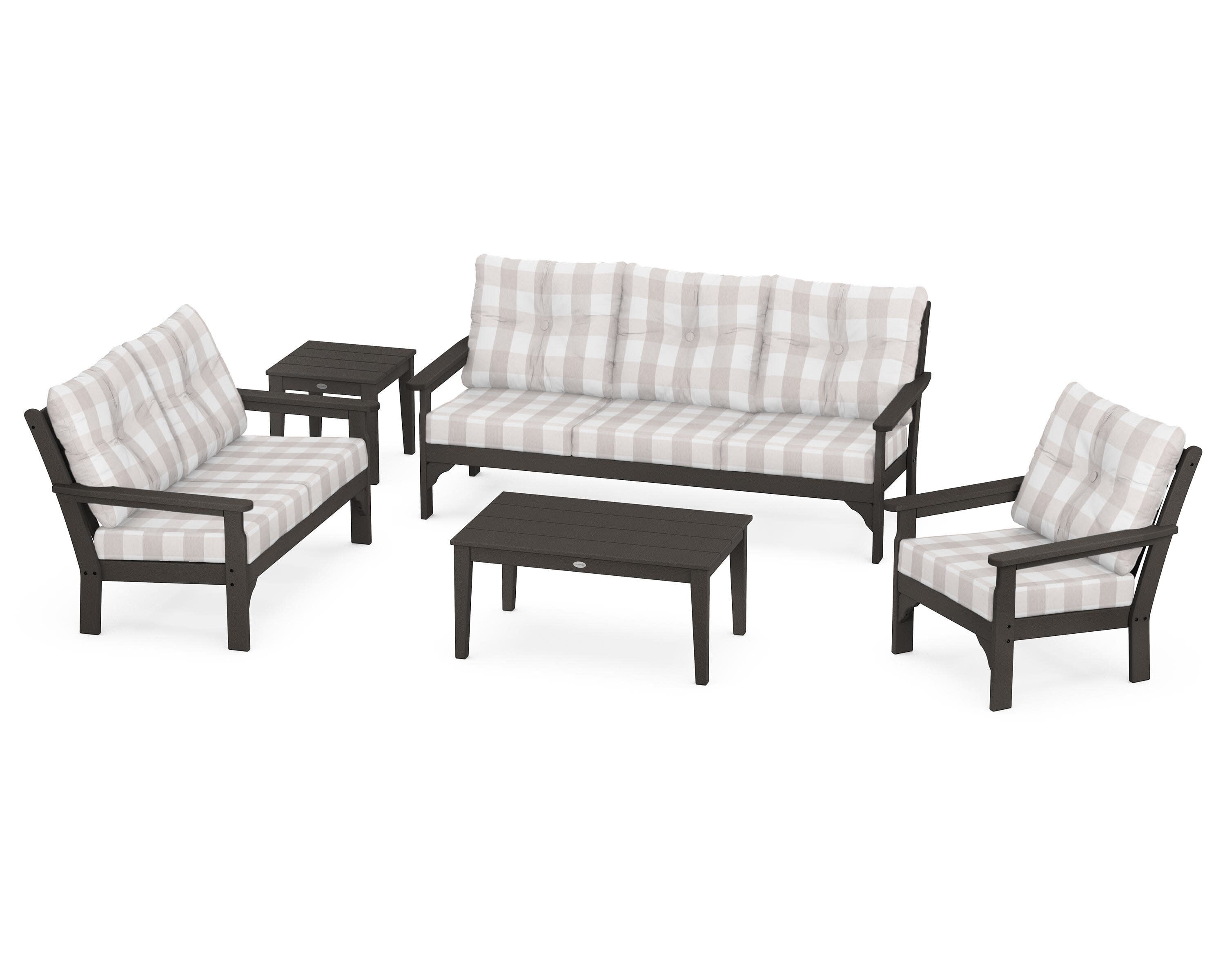 Vineyard 5 Piece Deep Seating Set in Vintage Coffee / Buffalo Plaid Dune Burlap