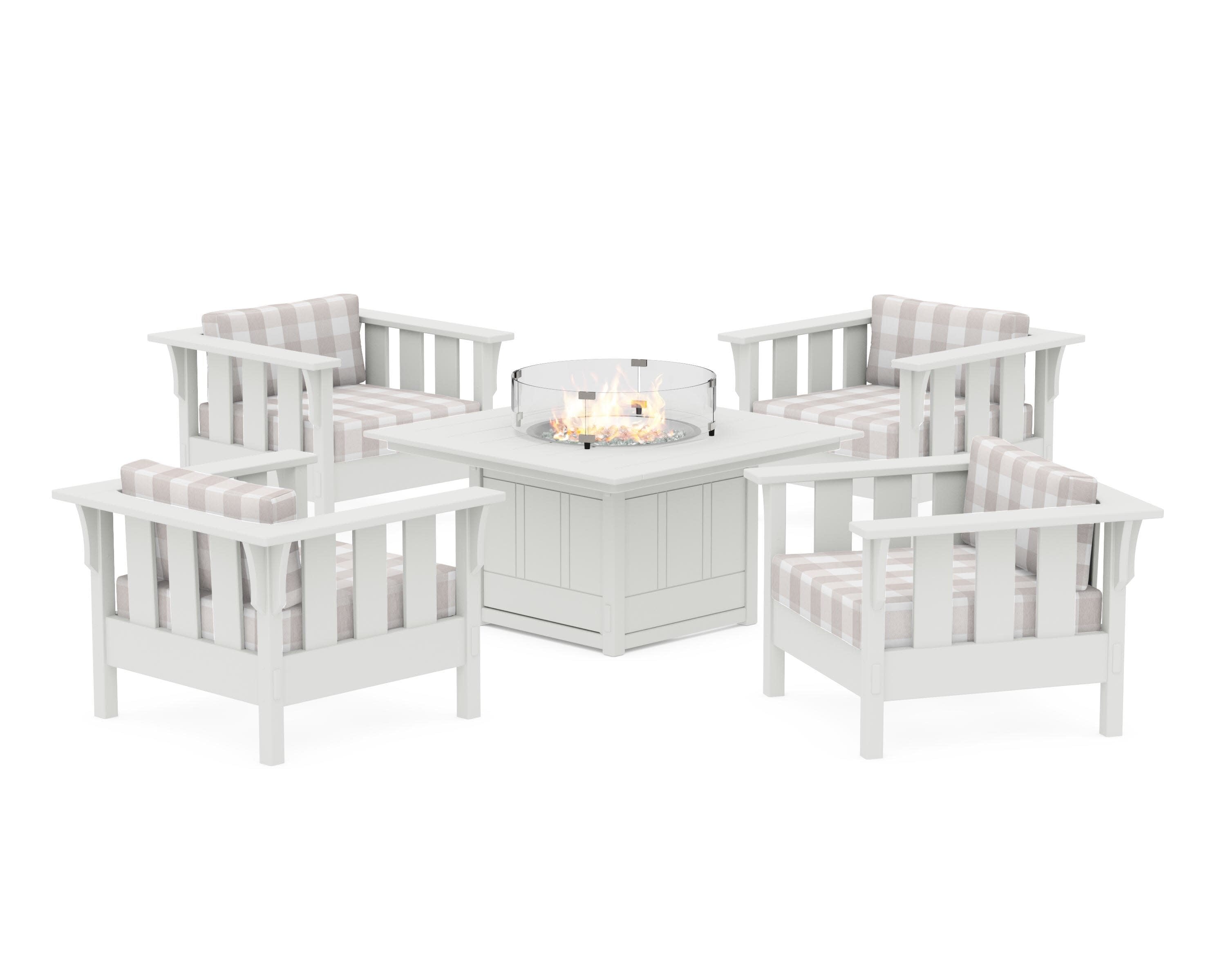 Acadia 5-Piece Deep Seating Set with Fire Pit Table in Vintage White / Buffalo Plaid Dune Burlap