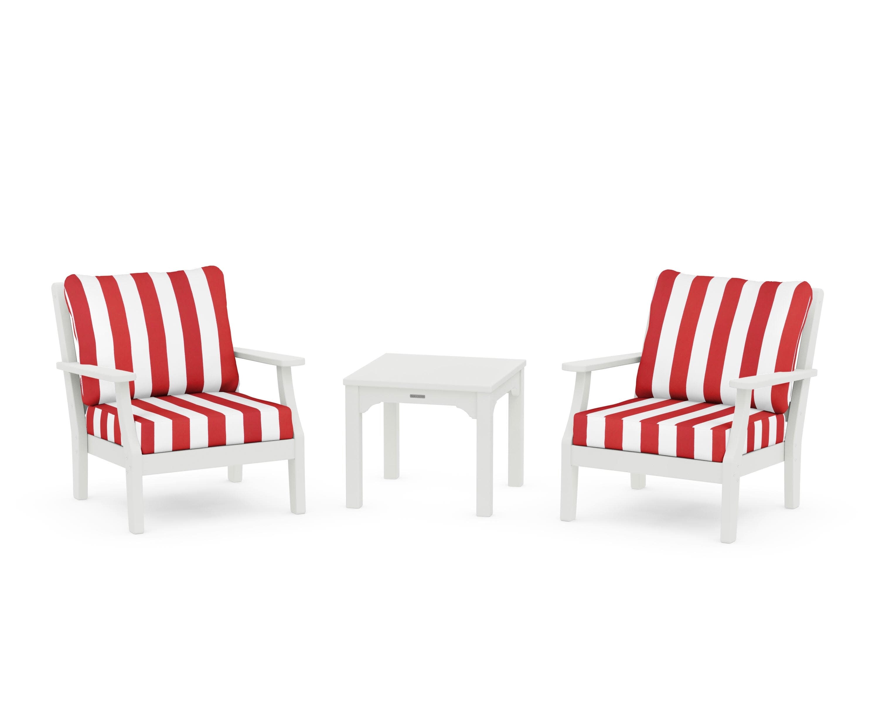 Chinoiserie 3-Piece Deep Seating Set in Vintage White / Cabana Stripe Crimson