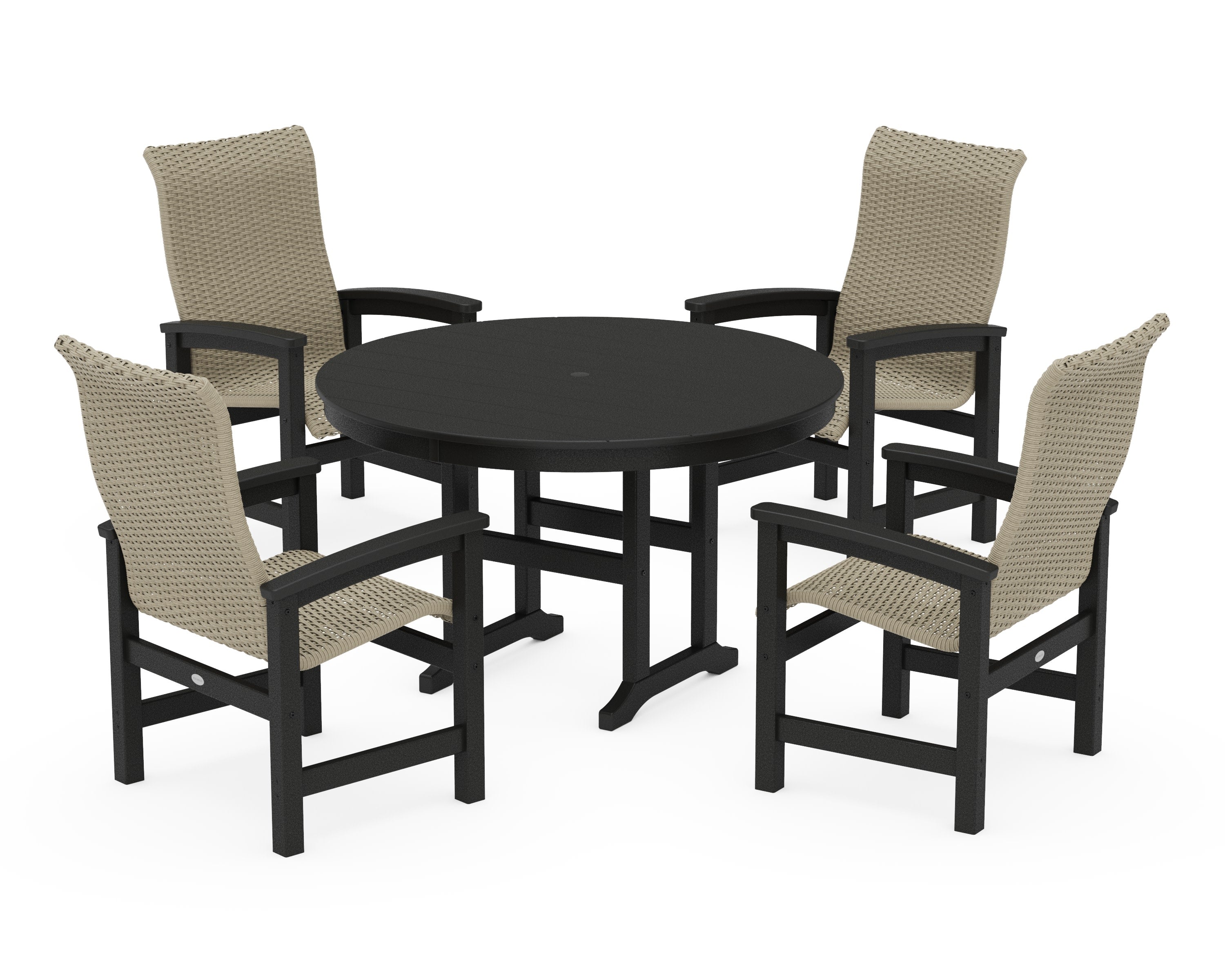 Coastal Woven High-Back 5-Piece Round Farmhouse Dining Set in Black / Dune Grass