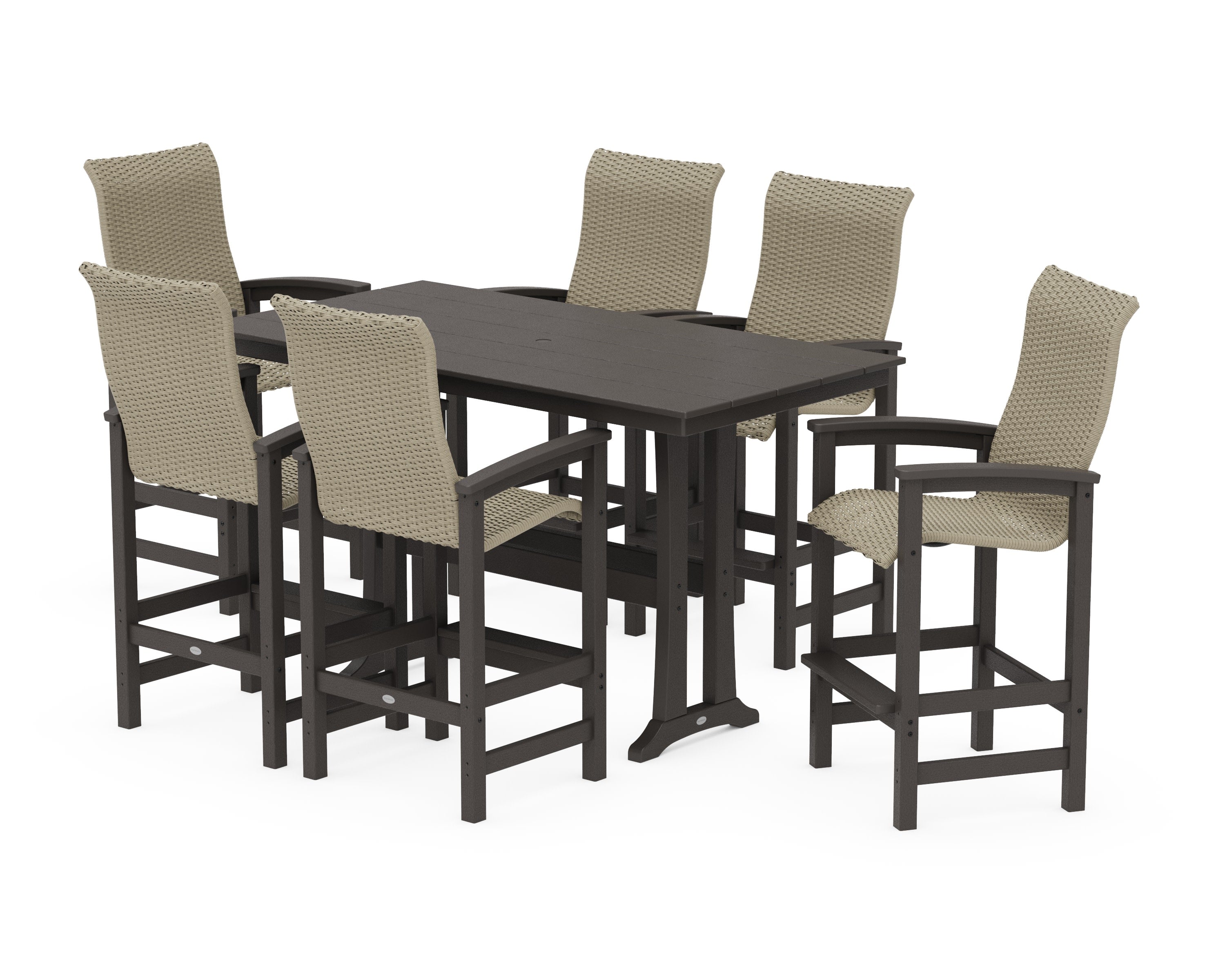 Coastal Woven High-Back Arm Chair 7-Piece Farmhouse Bar Set with Trestle Legs in Vintage Coffee / Dune Grass