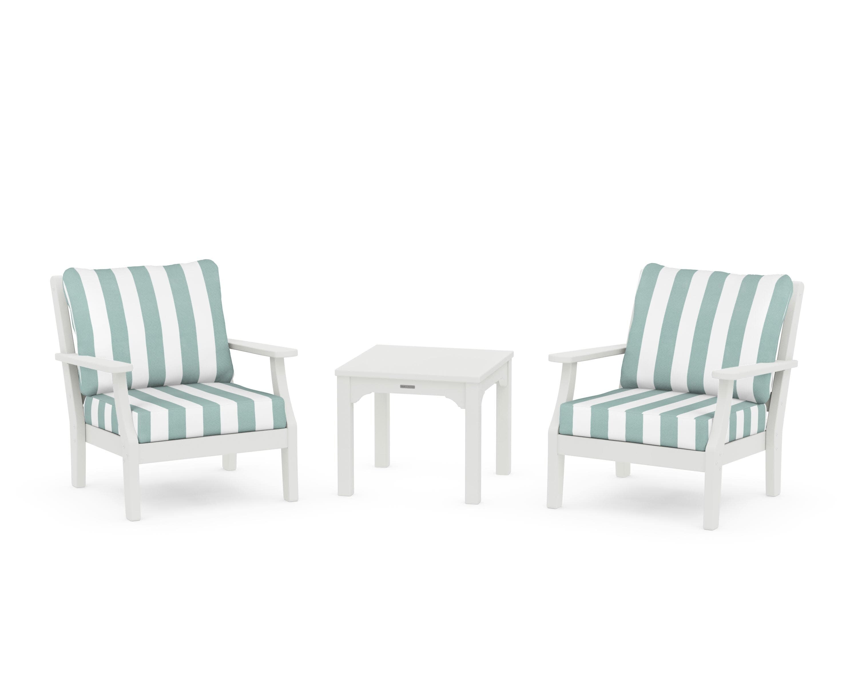Chinoiserie 3-Piece Deep Seating Set in Vintage White / Cabana Stripe Glacier Spa