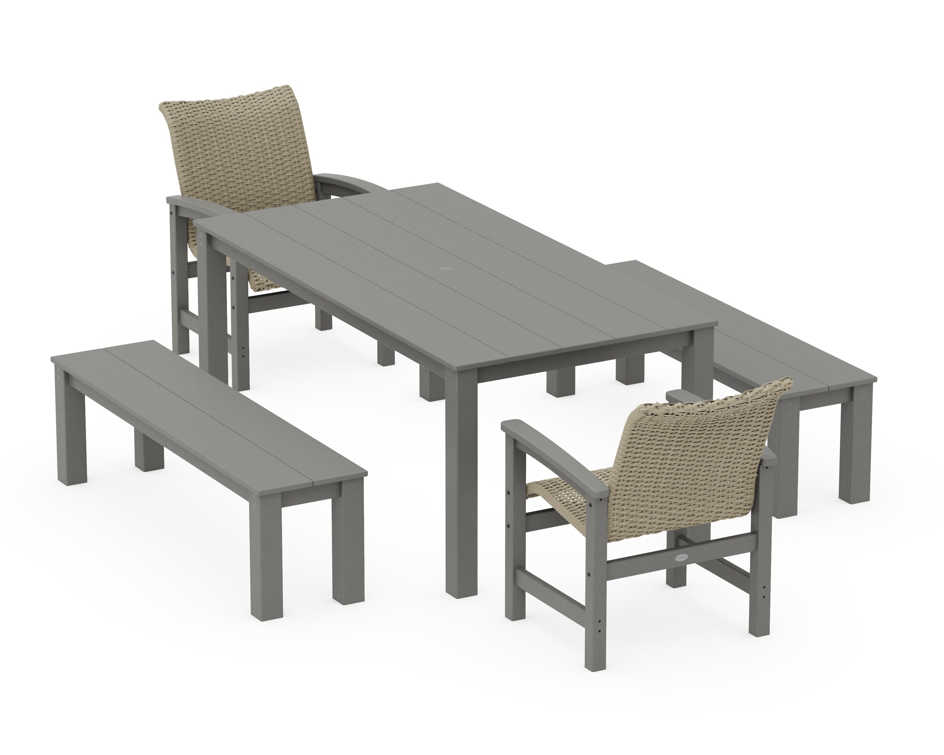Coastal Woven 5-Piece Parsons Dining Set with Benches in Slate Grey / Dune Grass